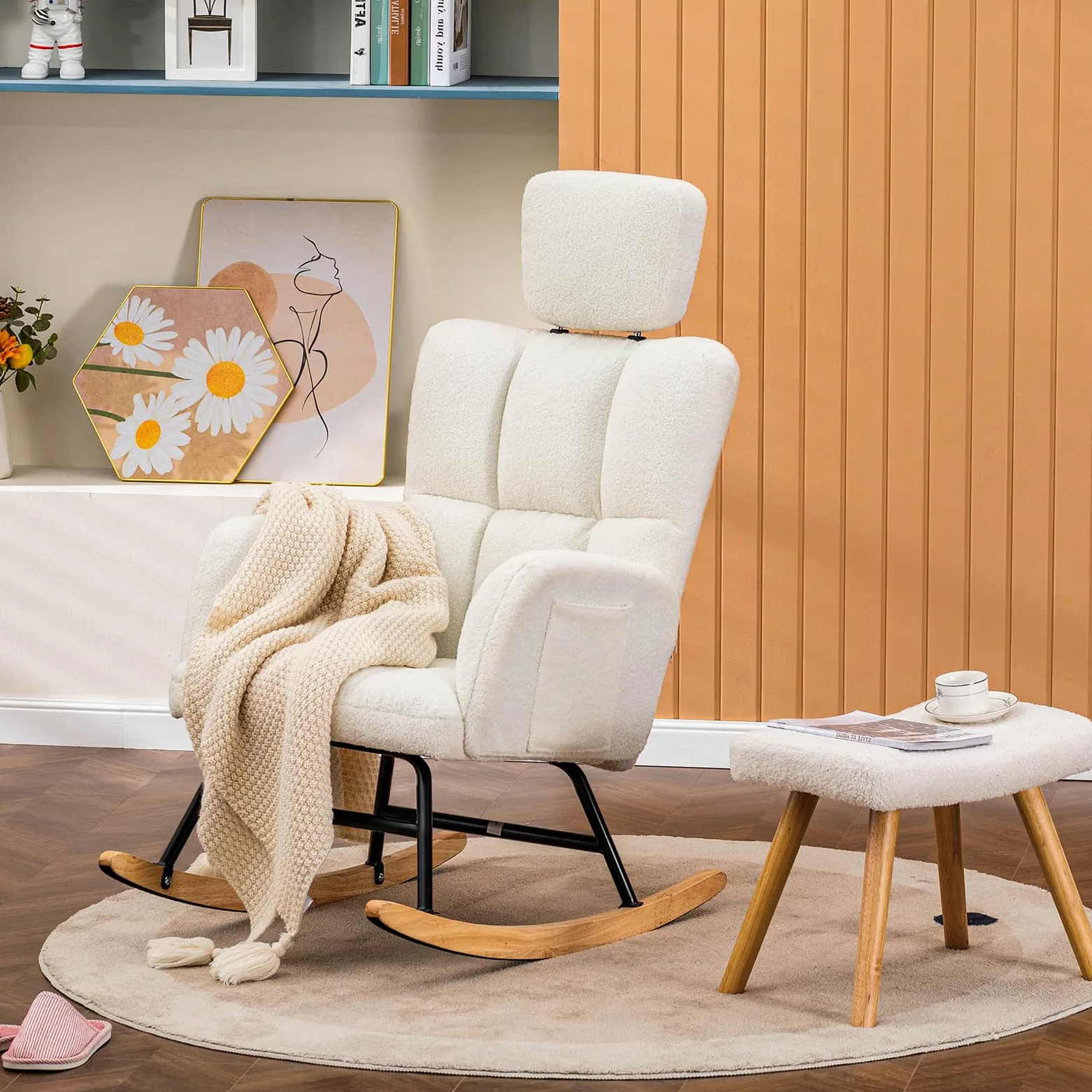Comhoma Fauteuil à bascule avec tabouret, fauteuil relax en peluche de style oreillette, fauteuil à bascule pouvant supporter jusqu'à 150 kg, chaise longue de jardin pour la chambre à coucher, le