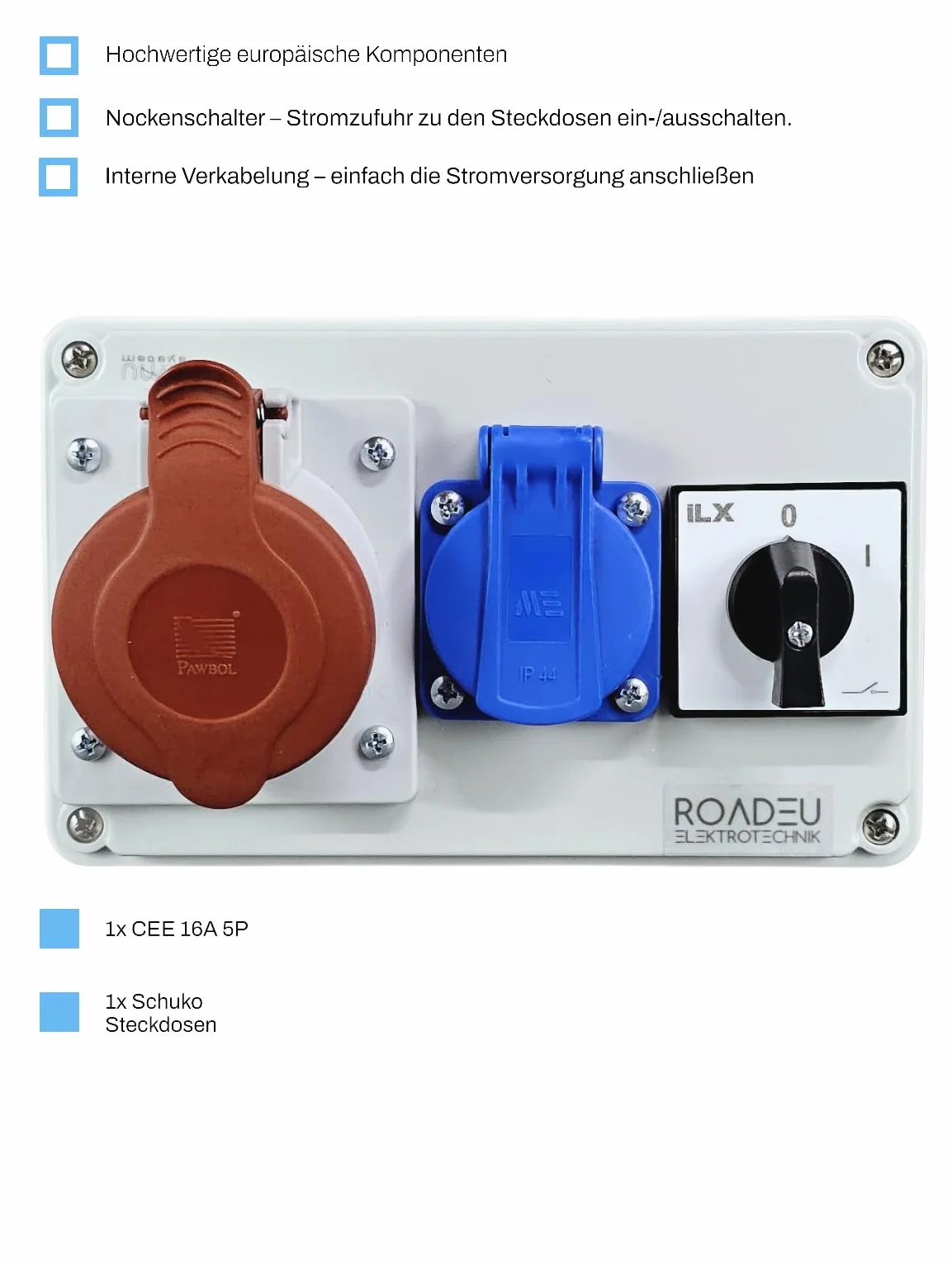 RoadEu Coffret de chantier CEE 16A Répartiteur de prise IP44 interrupteur principal