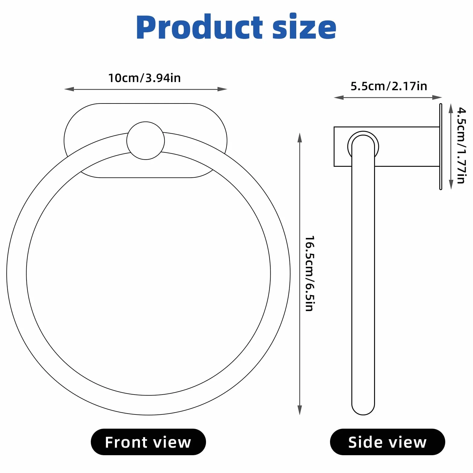 Anneau porte-serviettes en acier inoxydable 304 - Montage mural rond - Noir
