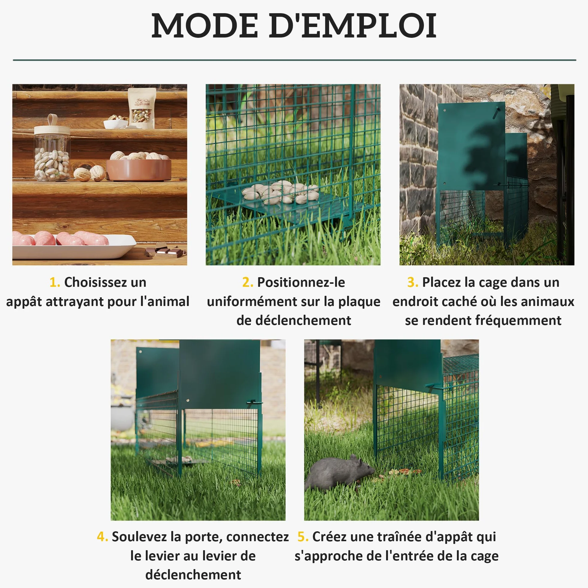 Pawhut Piège Capture Petits Animaux Lapin Rat 2 Entrées Poignée 100x25x28 cm Métal Vert