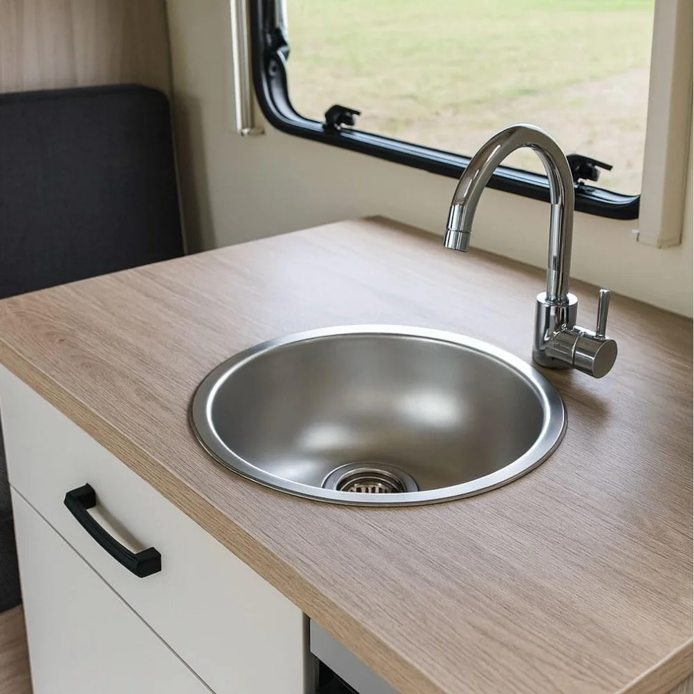 Évier Rond Inox Ø34 cm Cuisine Camping Caravane Sans Trou Robinet