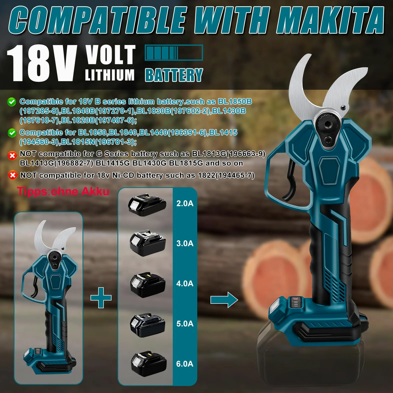 Sécateur Électrique Sans fil Compatible avec Makita 18 V (Sans batterie) ﻿ | 65mm Secateur à batterie Professionnel Secateur de Jardin avec LCD, Moteur Sans Balais pour Jardinage, Vigne, Arbre Fruitier