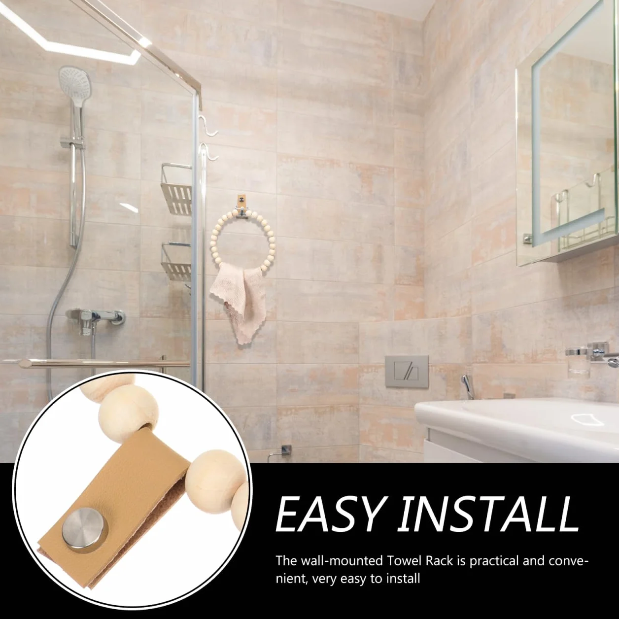 Hemobllo Porte Serviette Mural Bohème, Anneau Support Serviette en Perles de Bois Naturel pour Salle de Bain