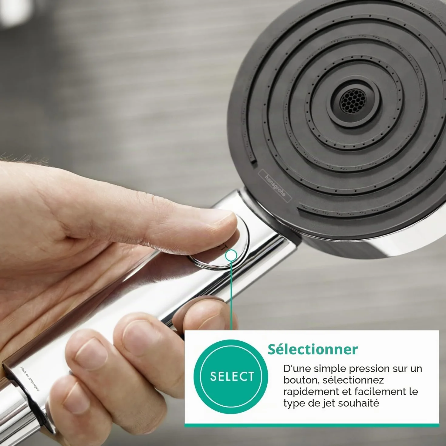 hansgrohe Pulsify Select S Pommeau de douche économie d'eau 9 l/min EcoSmart Douchette à main 3 types de jet Edition Relaxation Ronde 105 mm Chromé