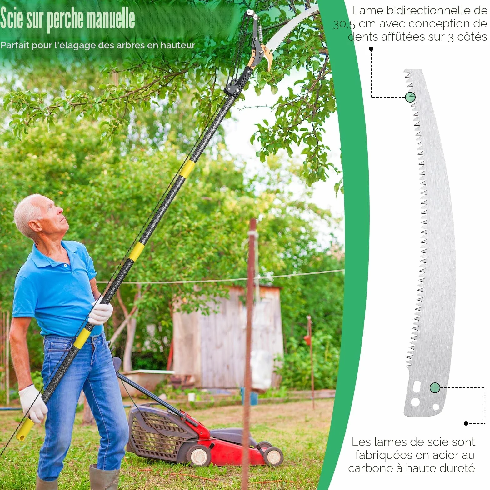 Scie à perche extensible pour l'élagage des arbres, sécateur manuel à long manche de 4 m, lame tranchante en acier de 30 cm