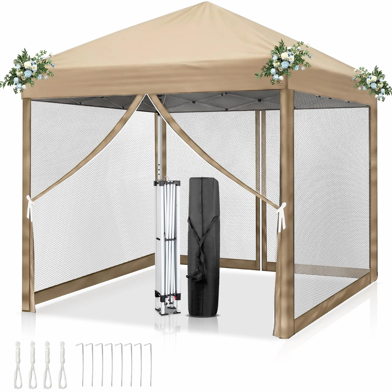 LEADZM Tonnelle Pliable 3x3 m Imperméable Anti-UV 50+, Hauteur Ajustable avec 4 Moustiquaires, Structure Stable, pour Jardin, Terrasse, Camping Et Usage Professionnel,Kaki