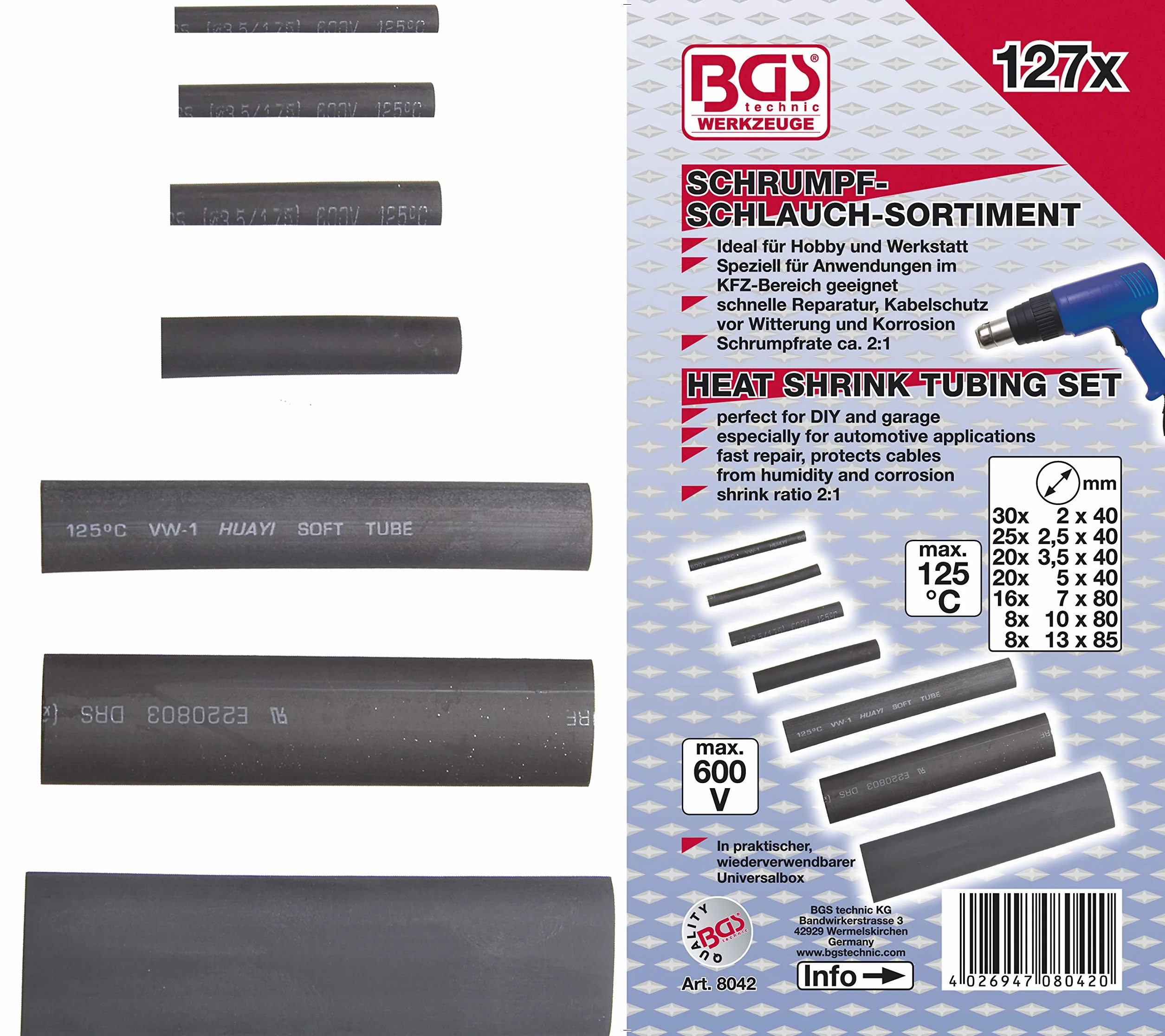 BGS Assortiment de gaines thermo-rétractables noires 127 pièces