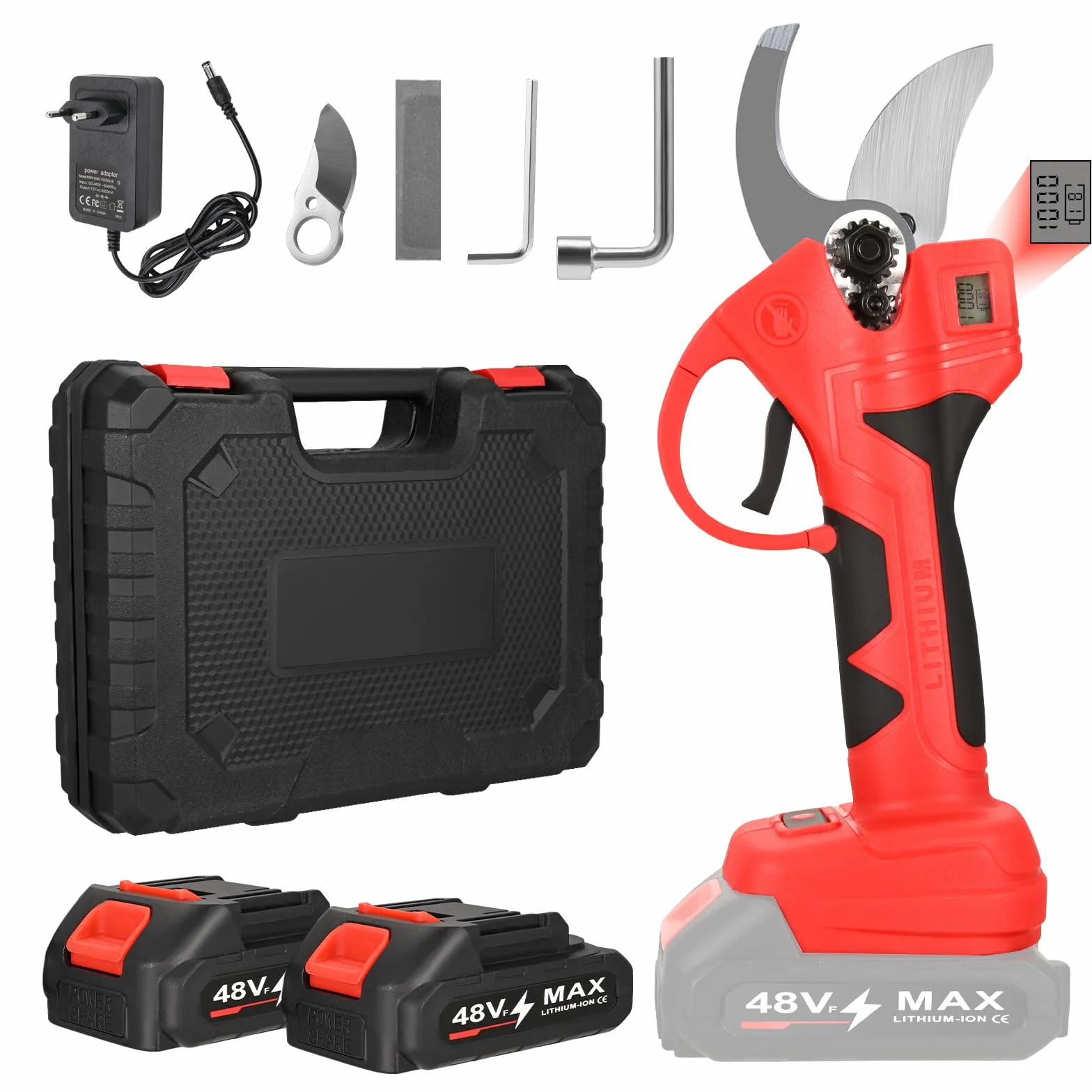 Sécateur Électrique Sans fil, 30mm Secateur Electrique, Sécateur Électrique Brushless avec 2 * 2000 mAh Batteries, Écran LCD, SK7 Lame, Professionnel Secateur à Batterie pour Jardinage, Arbre Fruitier