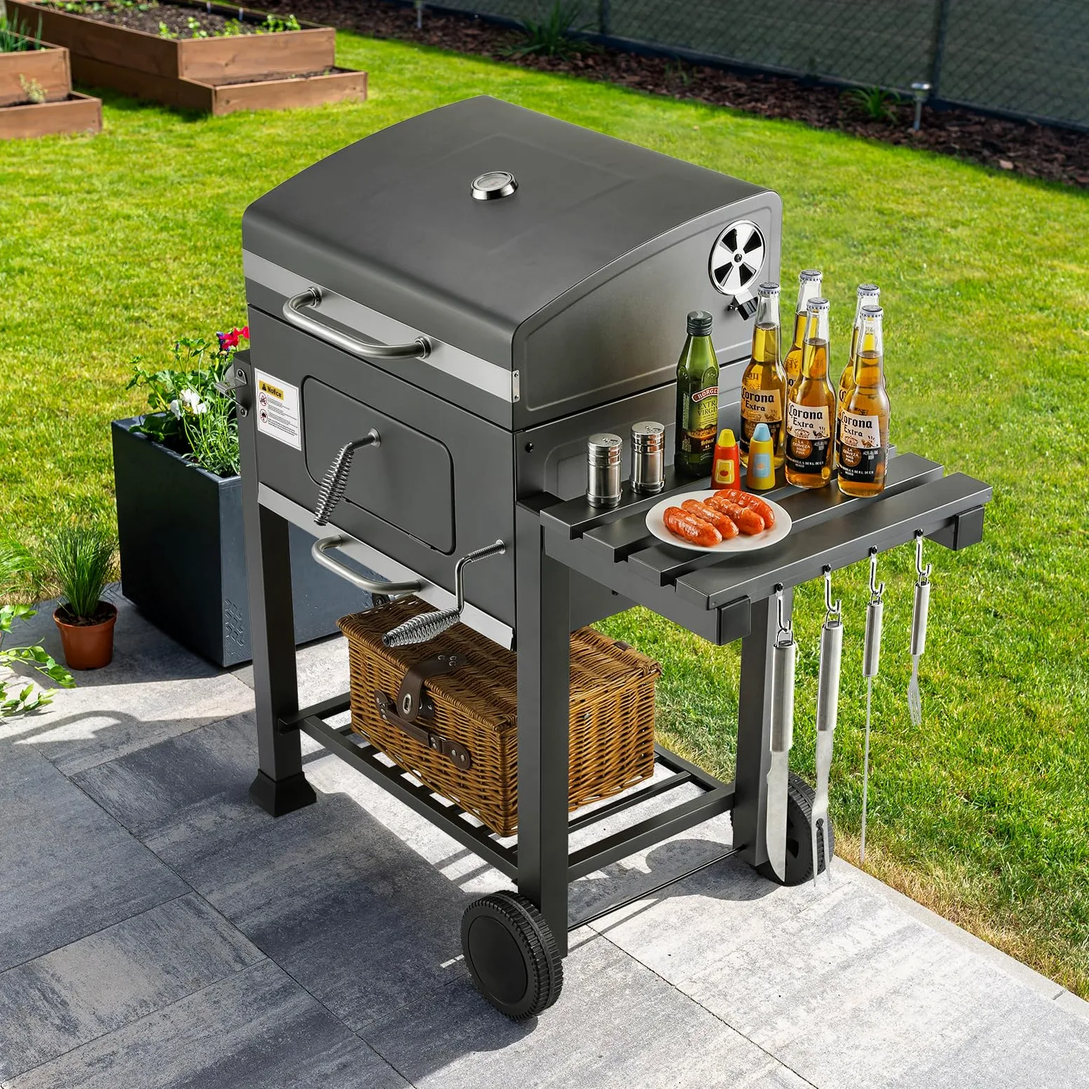 Barbecue Charbon de Bois XL, Chariot à Barbecue, Grill XL à Charbon avec Couvercle, 2PCS Roues, Thermomètre, Réglable en Hauteur, Grand Barbecue au Charbon de Bois, pour Camping et Jardin, Gris