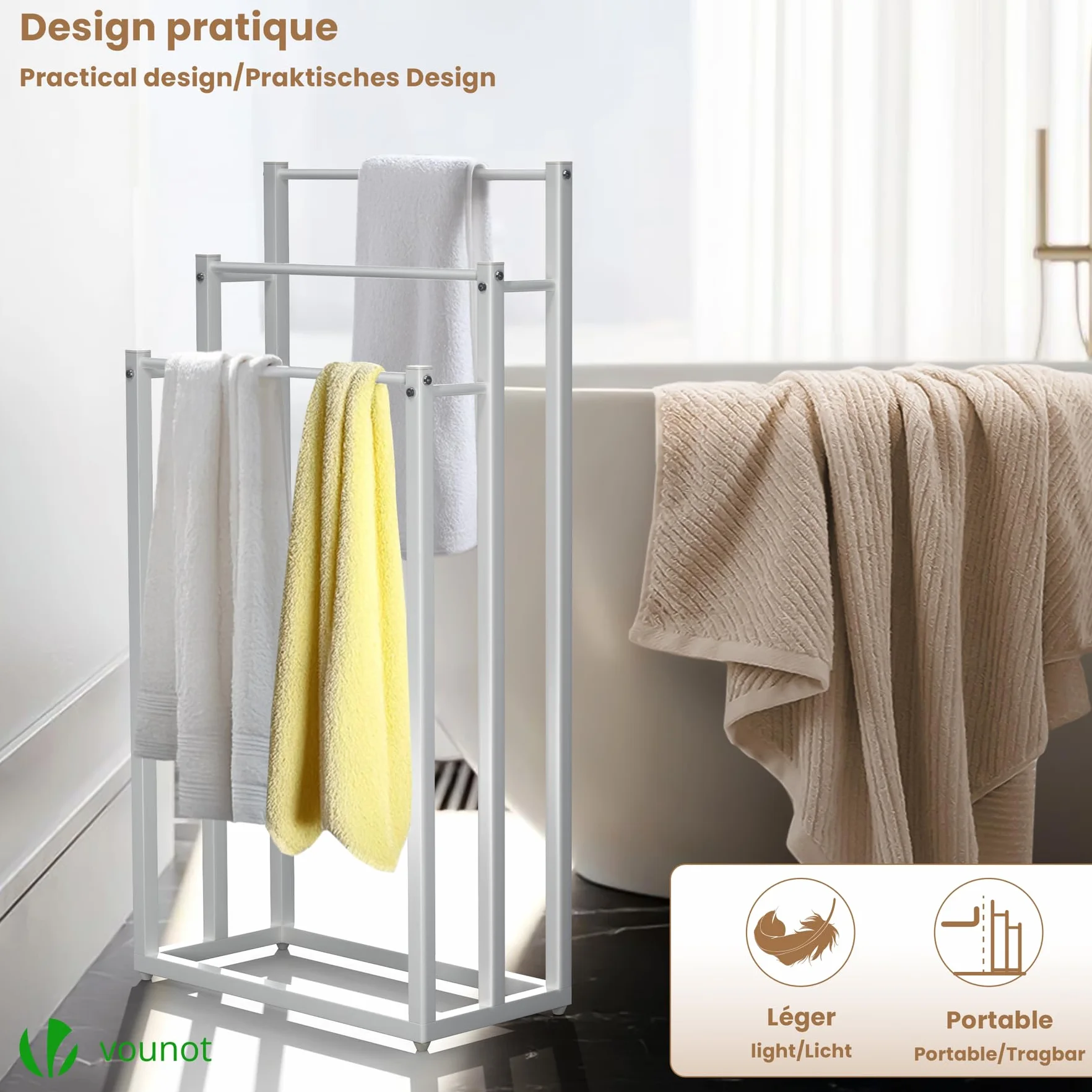 VOUNOT Porte-Serviettes autoportant 3 Niveaux en Métal Blanc pour Salle de Bain