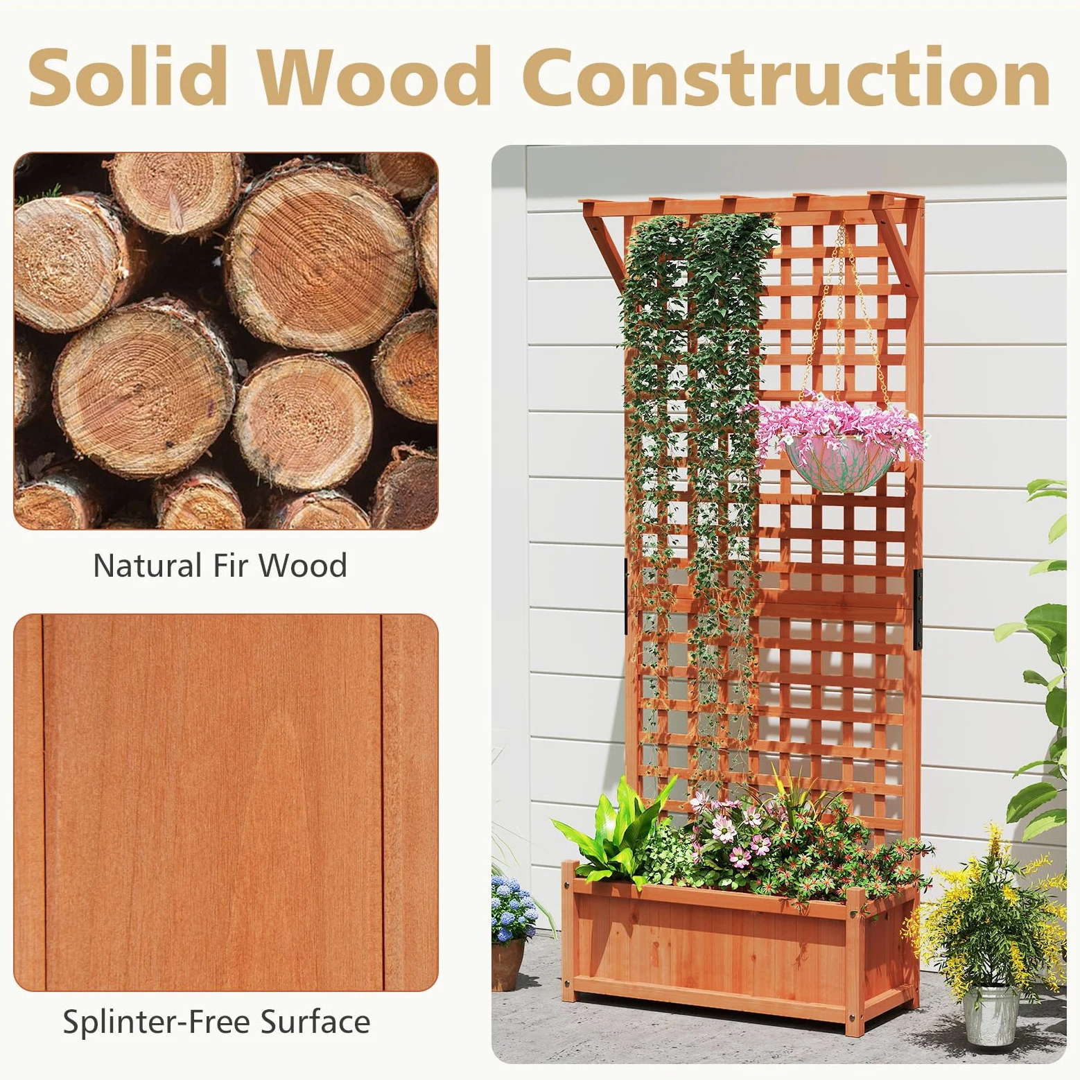 GOPLUS Jardinière avec Treillis 183cm en Bois de Sapin, Trou de Drainage pour Plantes Grimpantes, Fleurs, Bac à Fleurs avec Treillis pour Cour, Jardin, Balcon, 75x33x183cm