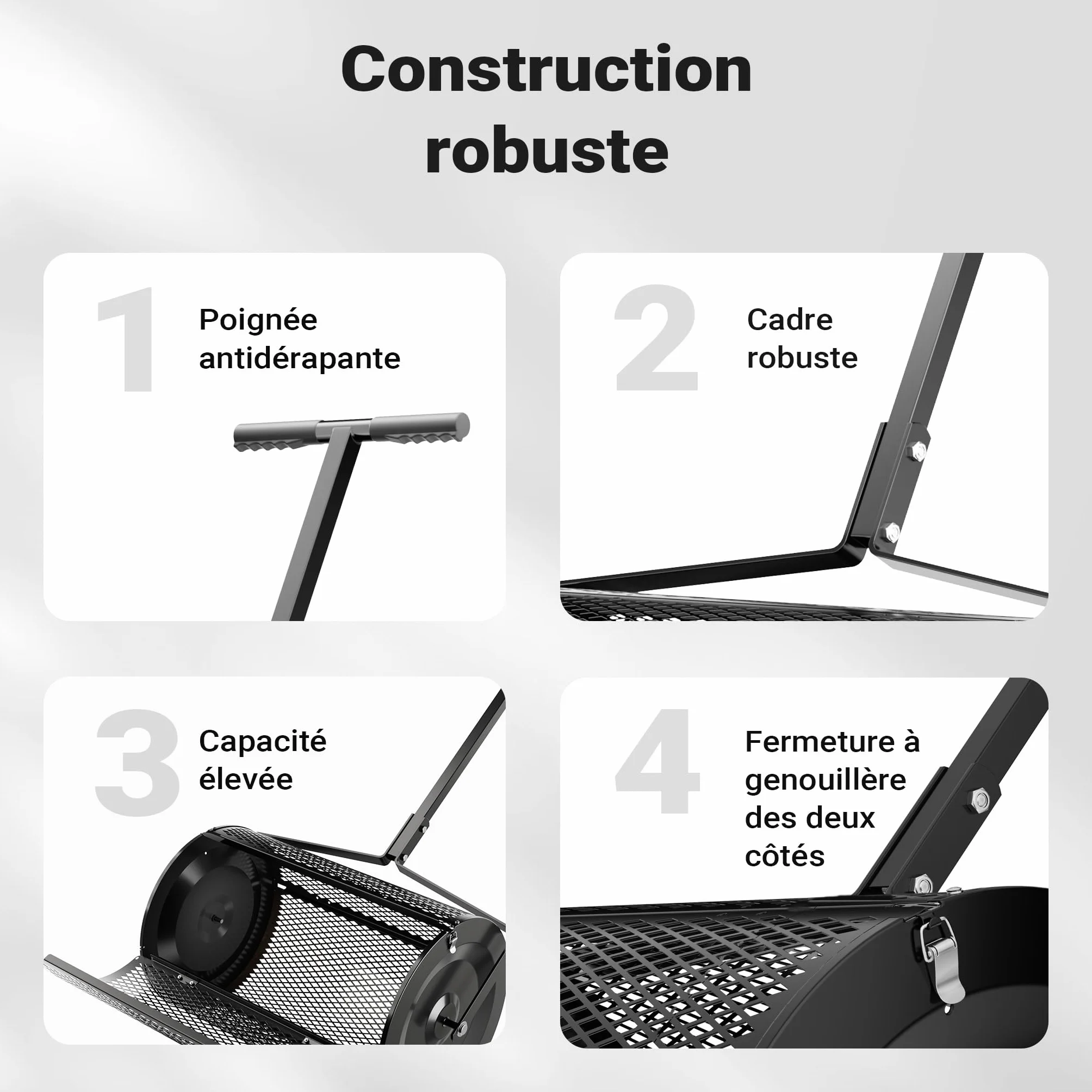 Wiltec Rouleau Épandeur Compost 1100 x 640 x 400 mm Noir Acier Revêtu par poudre 75L Poignée en T Rouleau en treillis