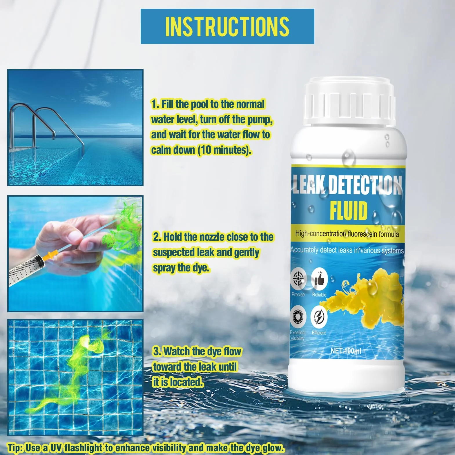 Colorant Fuite Piscine, Détecteur Fuite Piscine, Fluorescéine Forte, Solubilité dans l'Eau