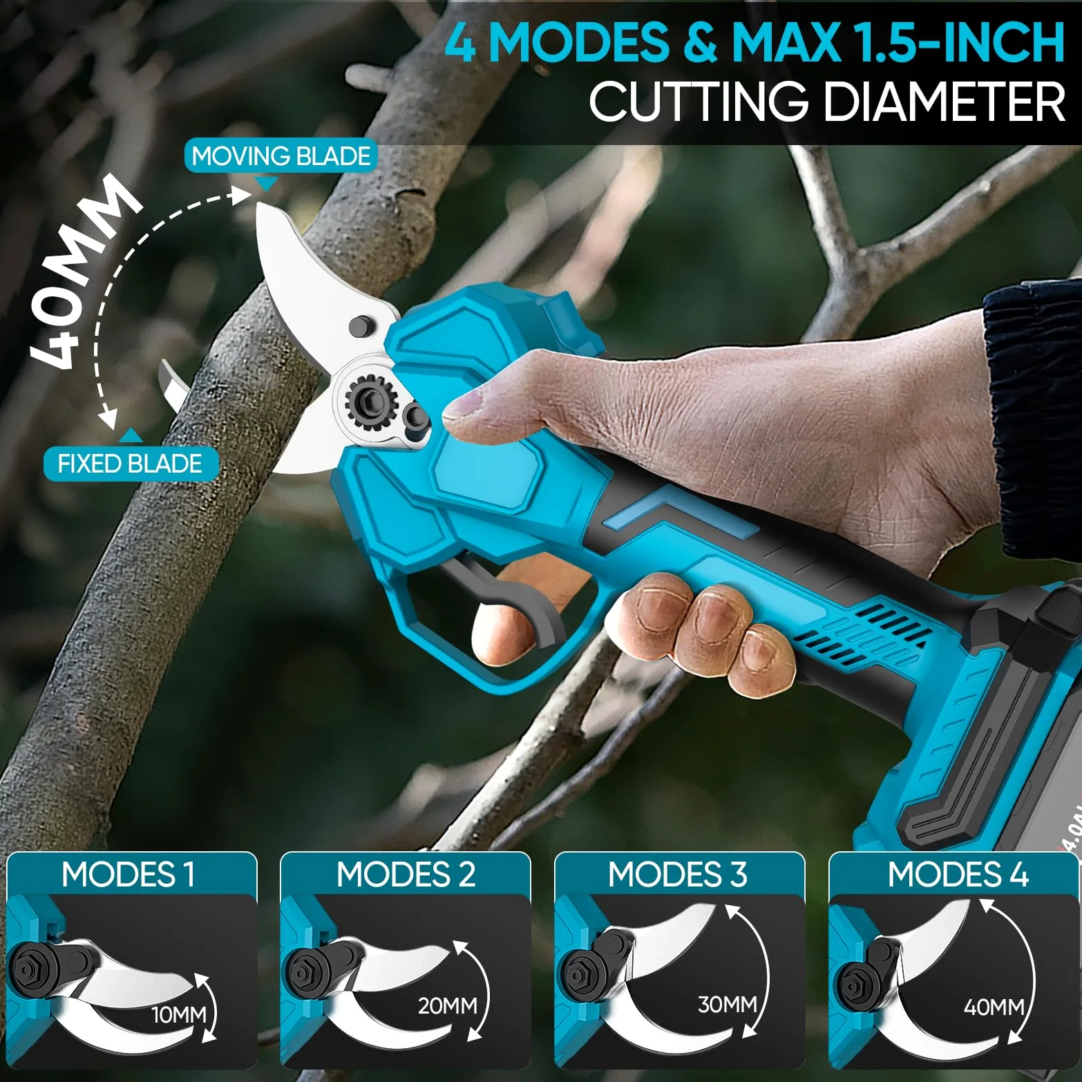 Sécateur Électrique Sans Fil avec Perche, 40MM Sécateur Électrique Télescopique avec 2 x 4,0Ah Batteries, Portée Maximale 1,6-2,8M, Moteur Brushless 1000W, Sécateur à Batterie pour Jardinage/Arbres