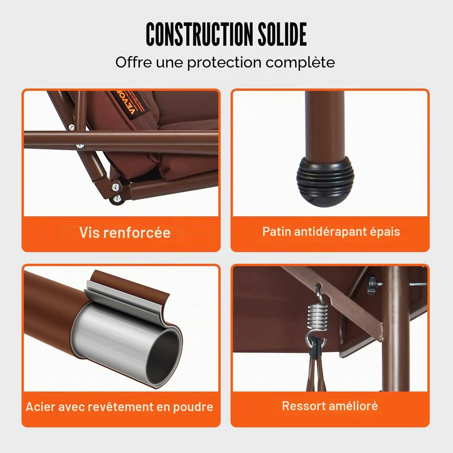 VEVOR Balancelle de terrasse 3 Places, balançoire Convertible avec auvent réglable de Porche extérieur, avec Coussin épais Amovible, Cadre en Acier allié, pour Balcon, Jardin, Bord de Piscine, Marron