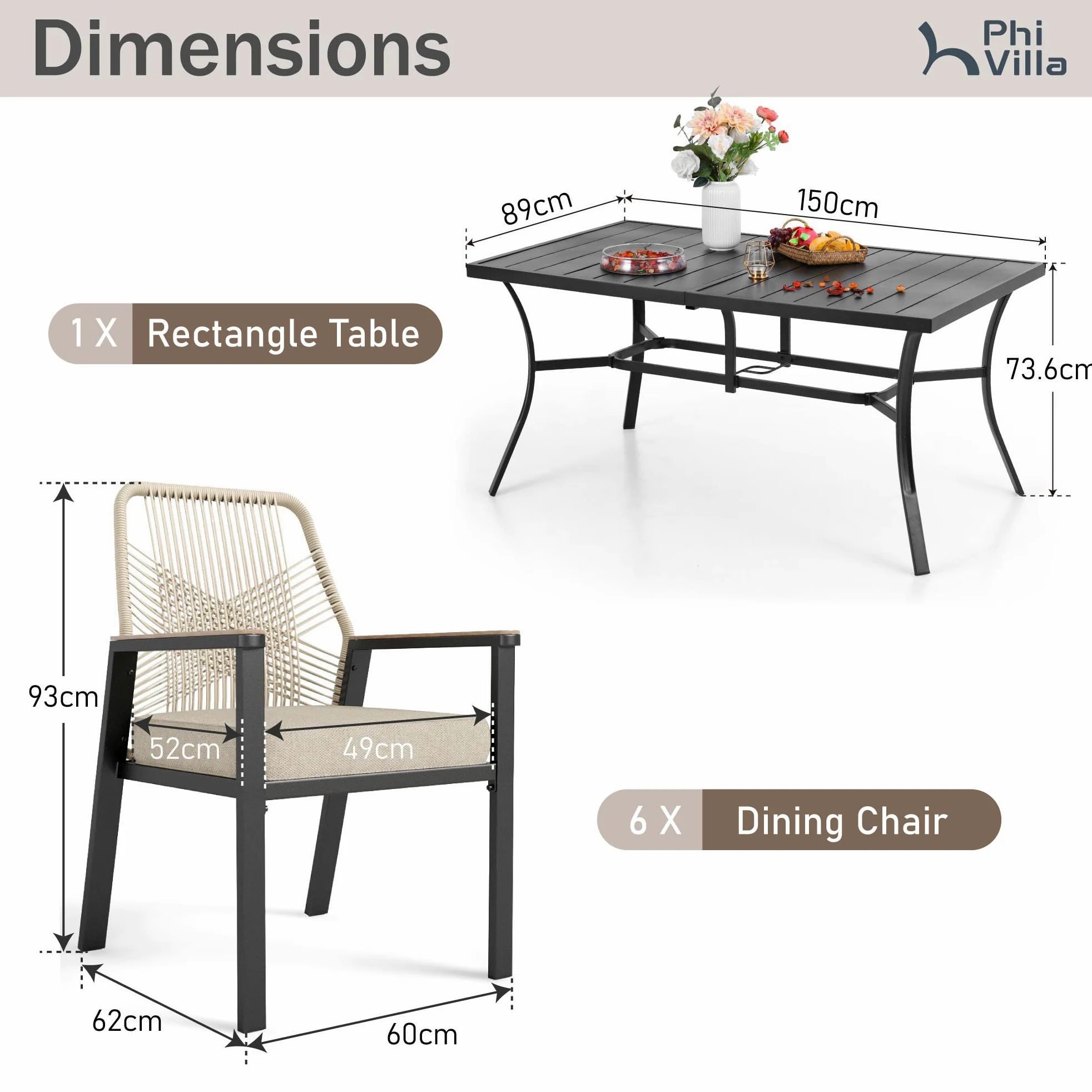 PHI VILLA Table Chaise de Jardin Exterieur, Table a Manger avec 6 Chaises Rotin avec Trou de Parasol Fer Forgé Terrasse Balcon