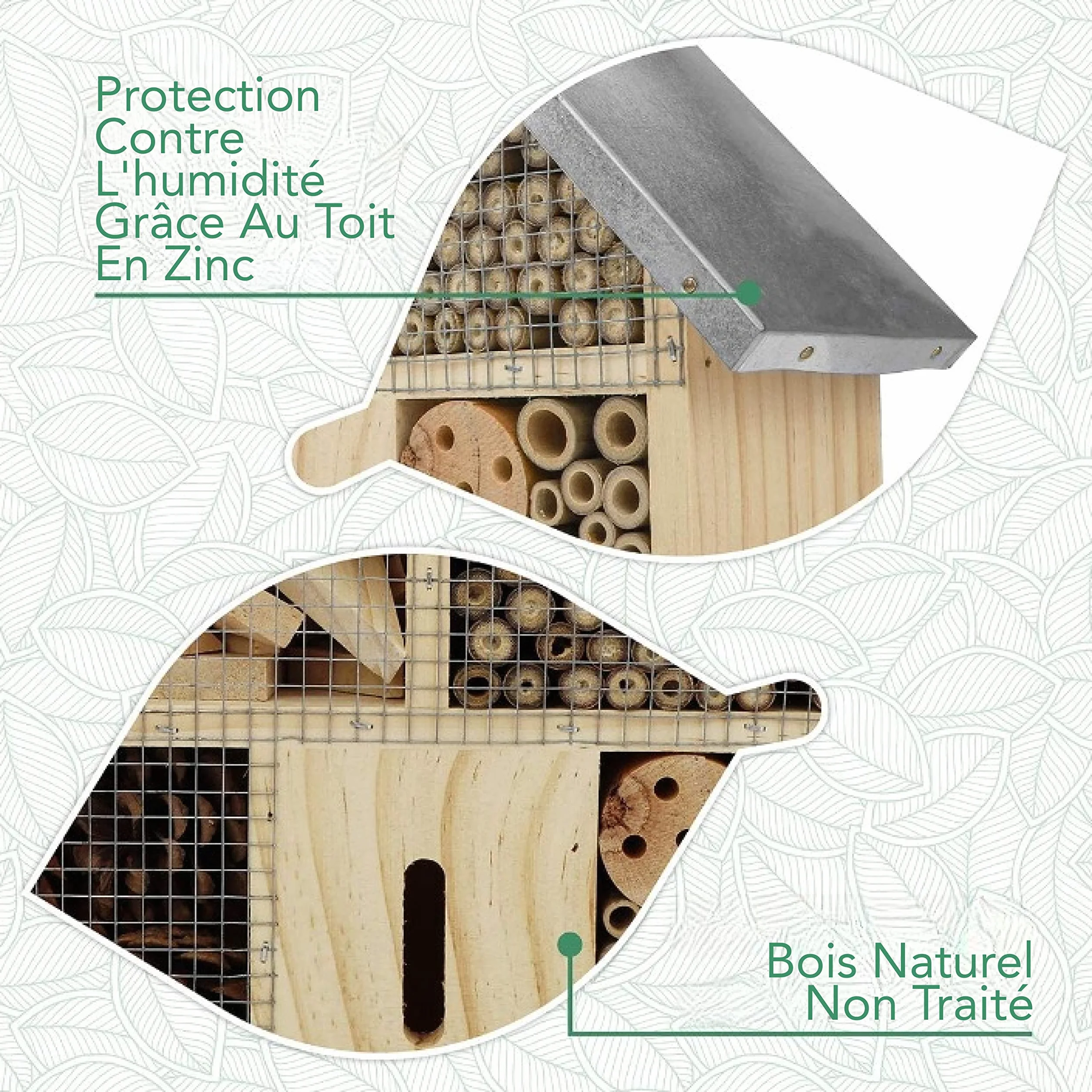 Hotel A Insectes avec Toit Métallique - Bois Non Traité, Maison pour Abeilles, Papillons - Hôtels à Insectes Extérieur
