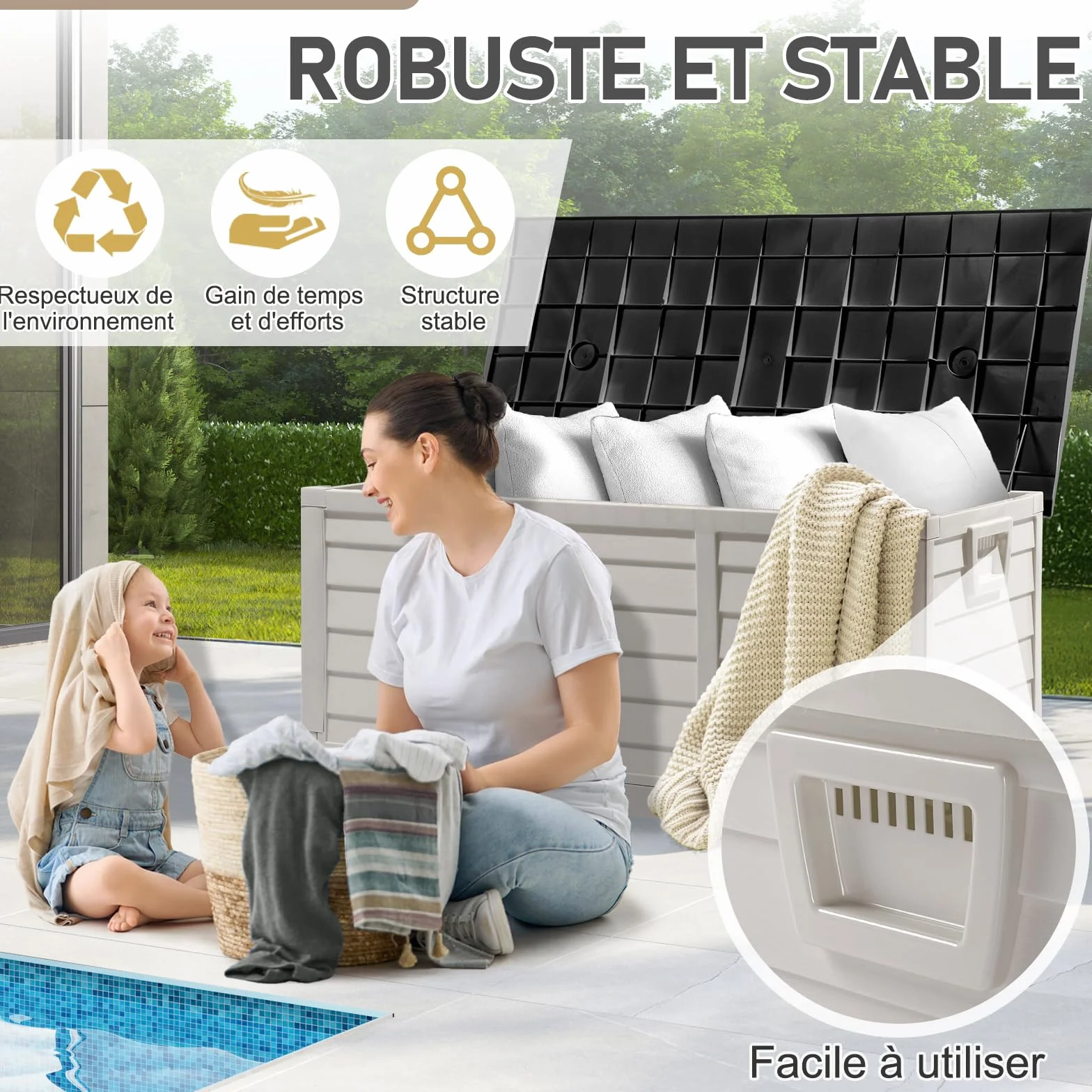 Coffre de jardin extérieur pliable 284 L imperméable résistant aux UV avec poignées et roues Noir et blanc