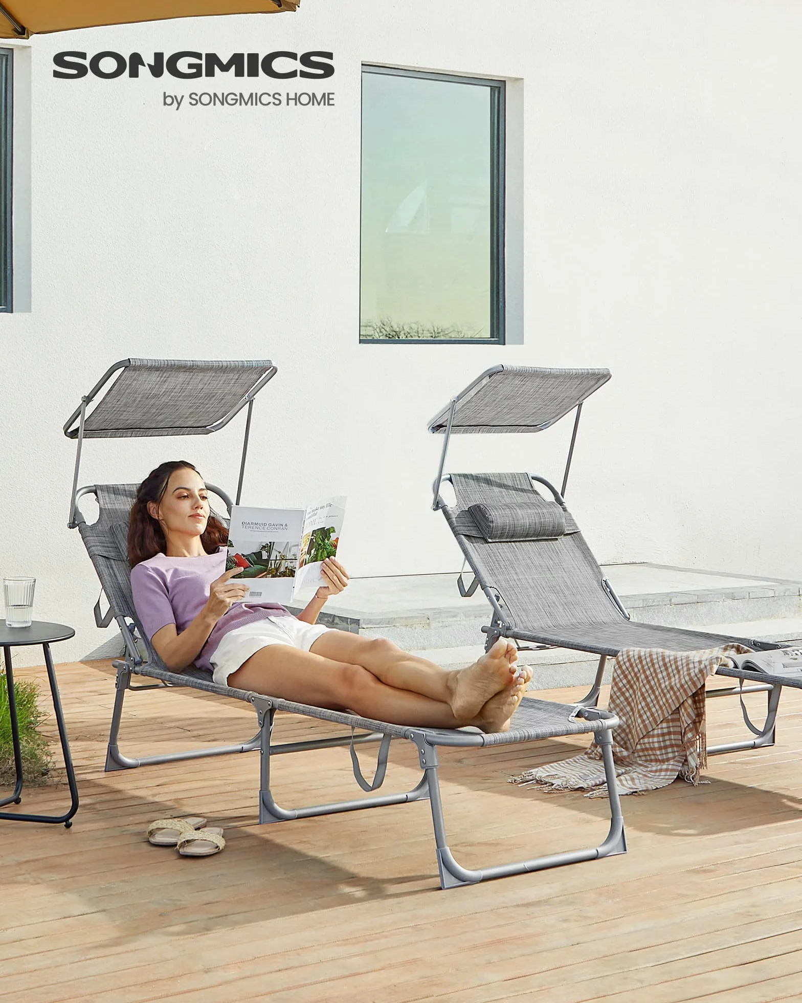 SONGMICS Chaise Longue Pliable 193x53x29 cm 150 kg avec Pare-soleil Appuie-Tête Dossier Réglable GCB19T
