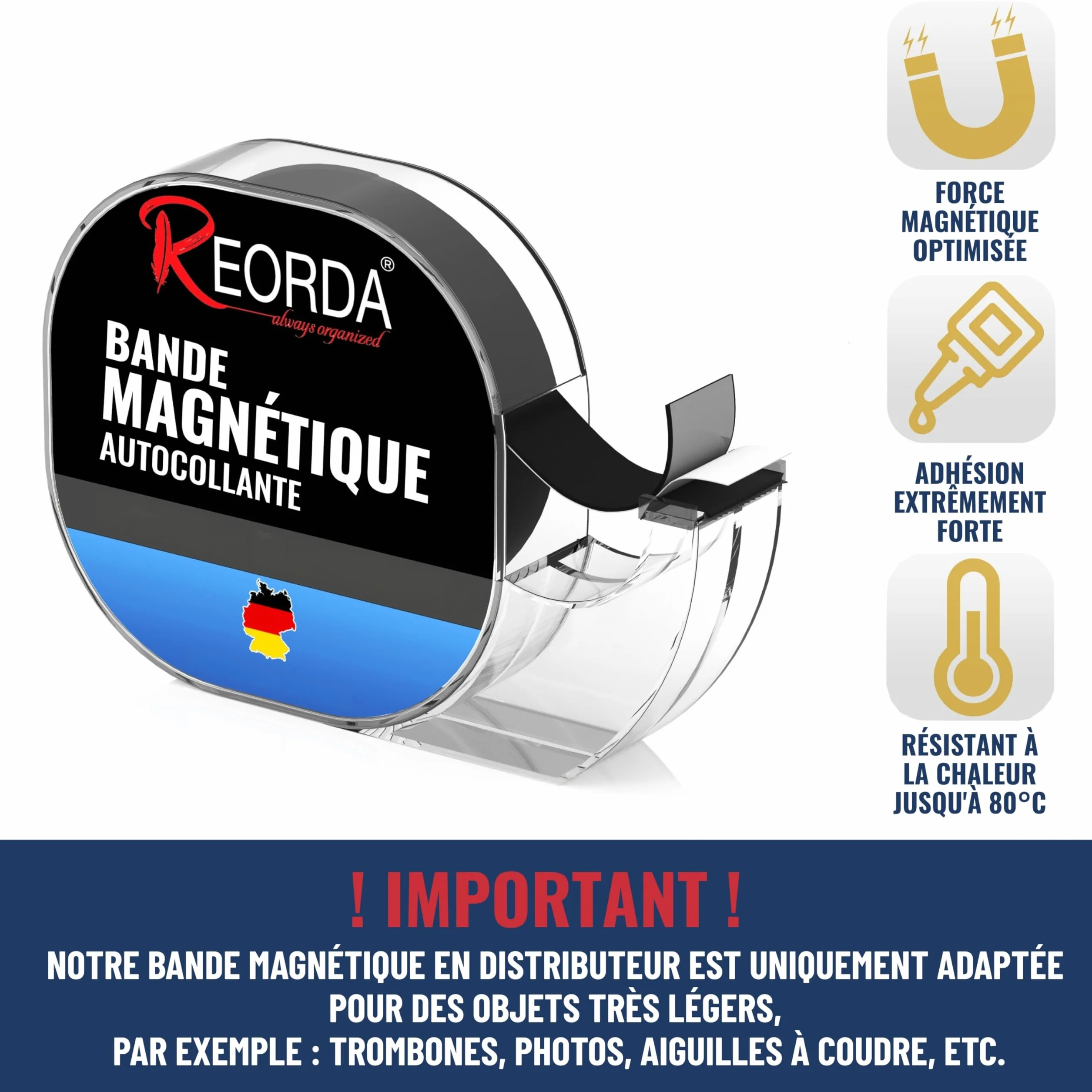 REORDA Dévidoire de Bande Magnétique Adhésive, Ruban Magnétique Autocollant 6 m