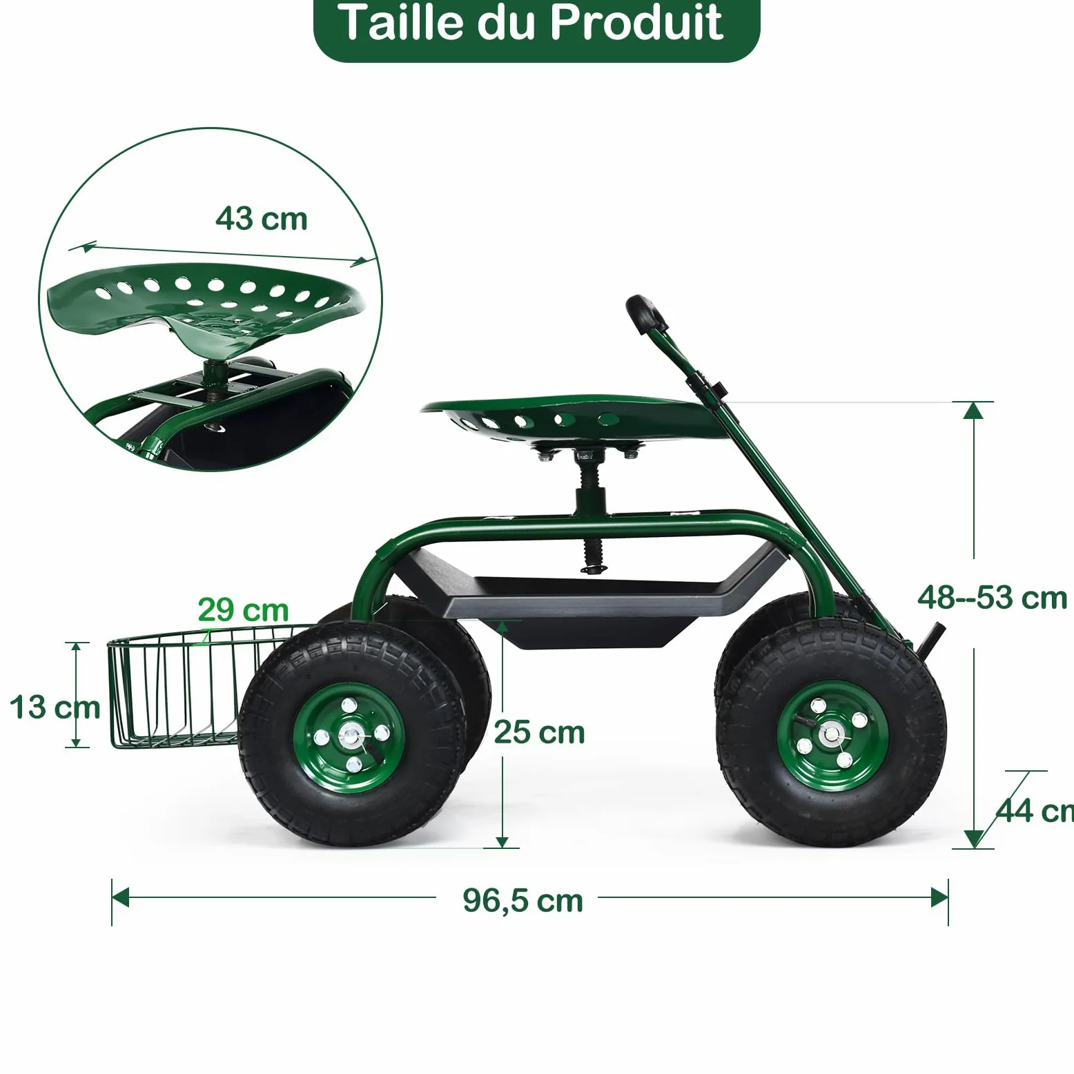 GOPLUS Siège de Jardin Roulant avec 2 Plateau à Outils, Poignée Ronde Extensible, Panier de Rangement, Siège Hauteur Réglable 45,5-54,5cm avec 4 Roues en Caoutchouc, Vert (avec Poignée)