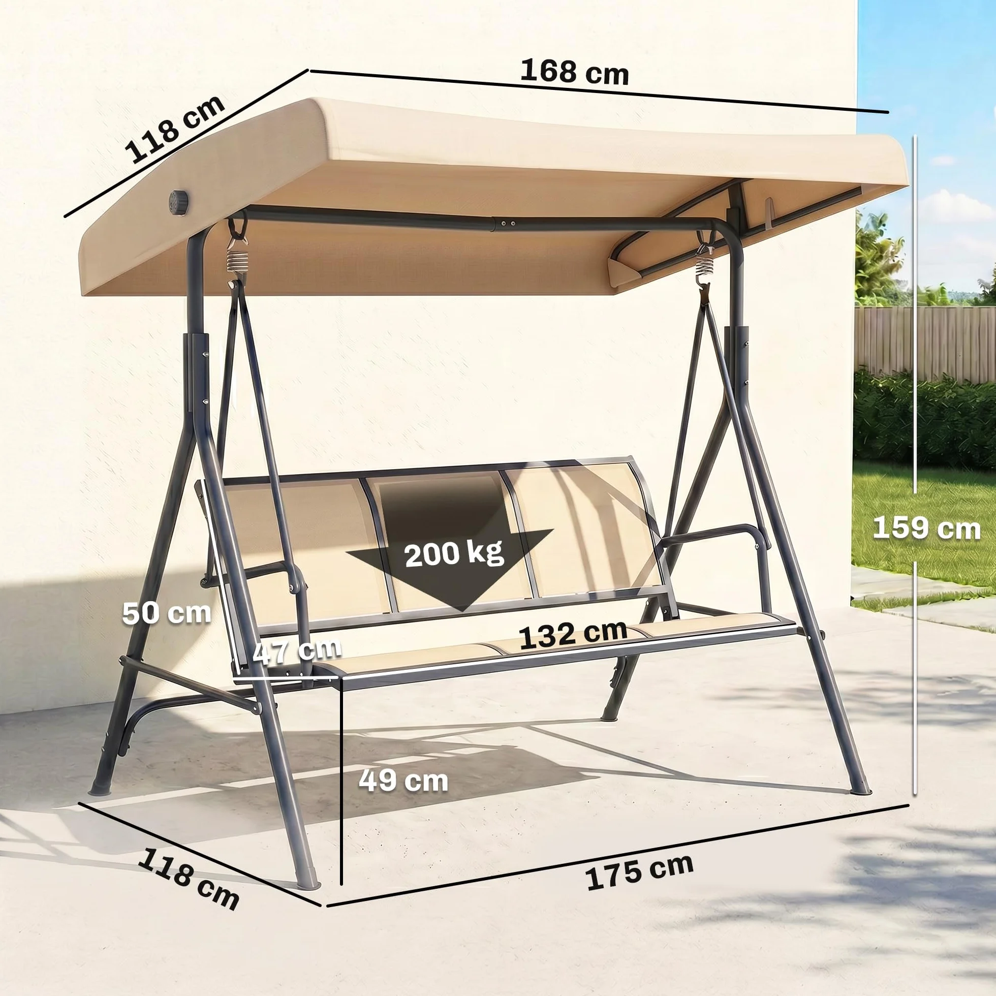 Outsunny Balancelle de Jardin 3 Places Toit Inclinaison réglable Acier époxy Beige