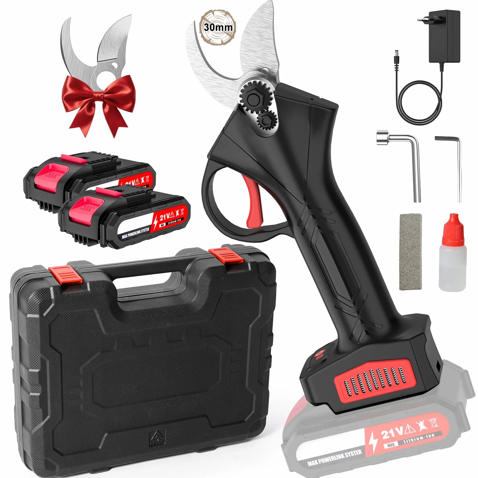 Secateur Electrique sans Fil,30mm Sécateur électrique,21V,2 * 2.0Ah Batteries,Moteur sans Balais,1*Lame de Rechange,0,9 kg Corps Léger, Idéal pour Tailler les Branches dans Jardins, Vergers et Fermes