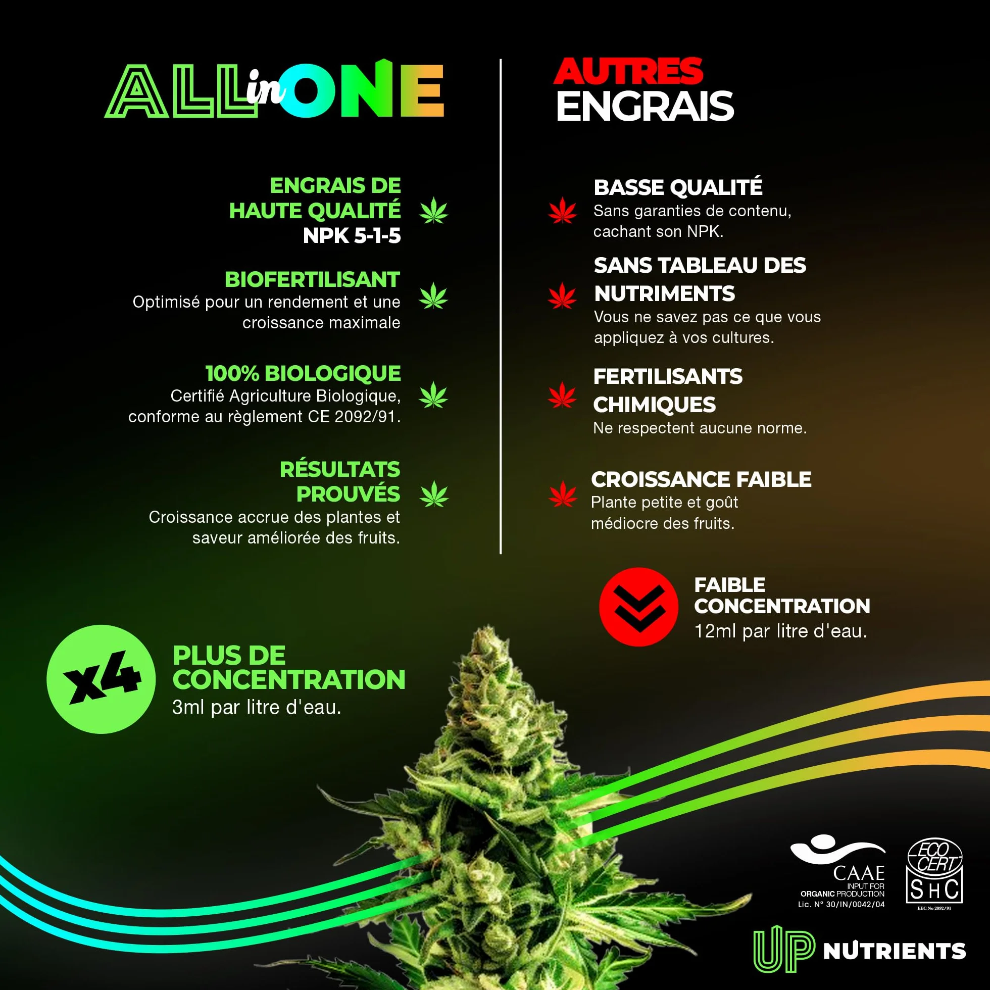 UP NUTRIENTS Fertiliser de cannabis pour intérieur et extérieur, ensemble NPK 5-1-5, pour plantes de cannabis, phase de croissance et de floraison, phase biologique Grow & Bloom