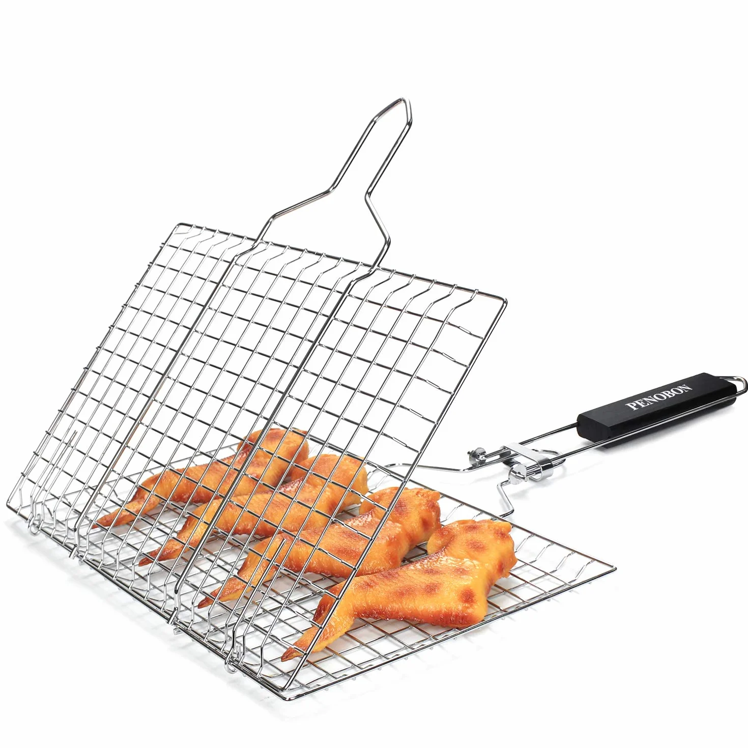 Panier Grille Barbecue Pliable Acier Inoxydable Cuisson Poissons Légumes Crevettes Poignée Amovible Brosse Badigeonner Sac Rangement