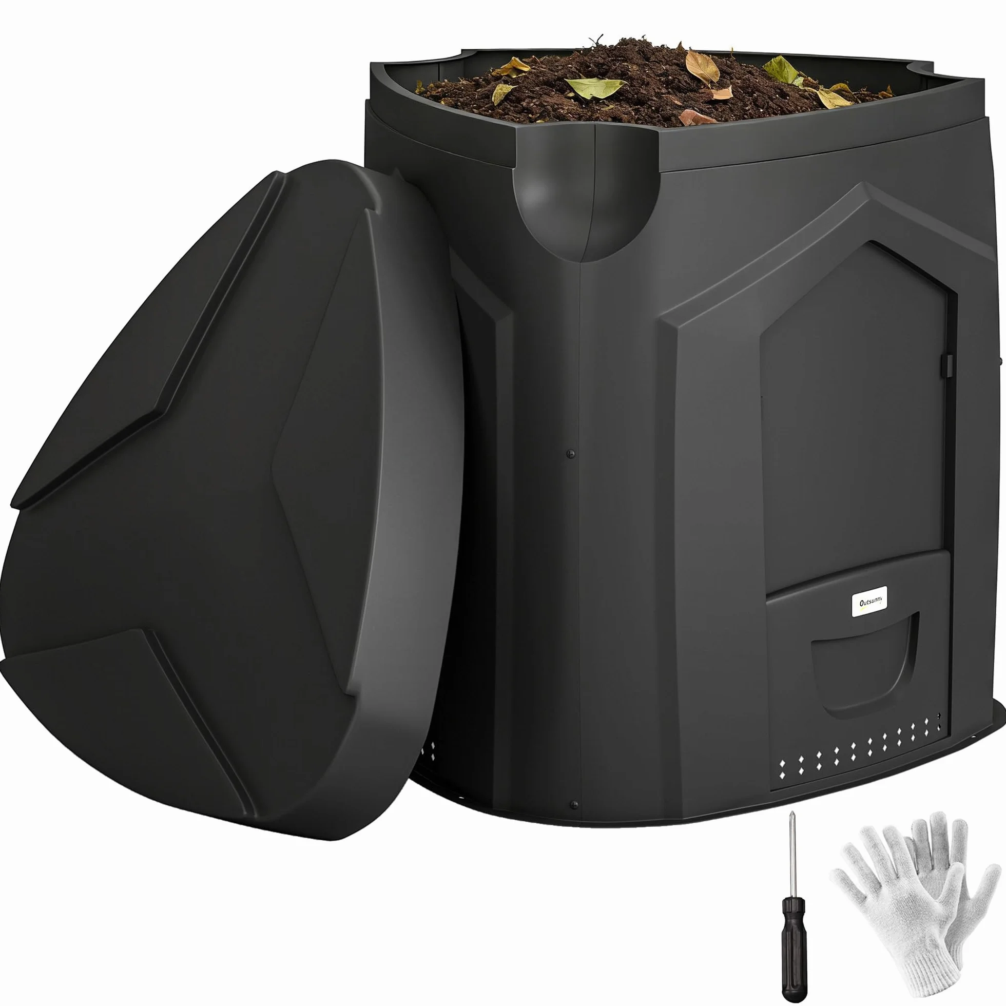 Outsunny Composteur de Jardin 240L Bac à Compost Triangulaire 78x75x78 cm Polypropylène 3 Portes Noir