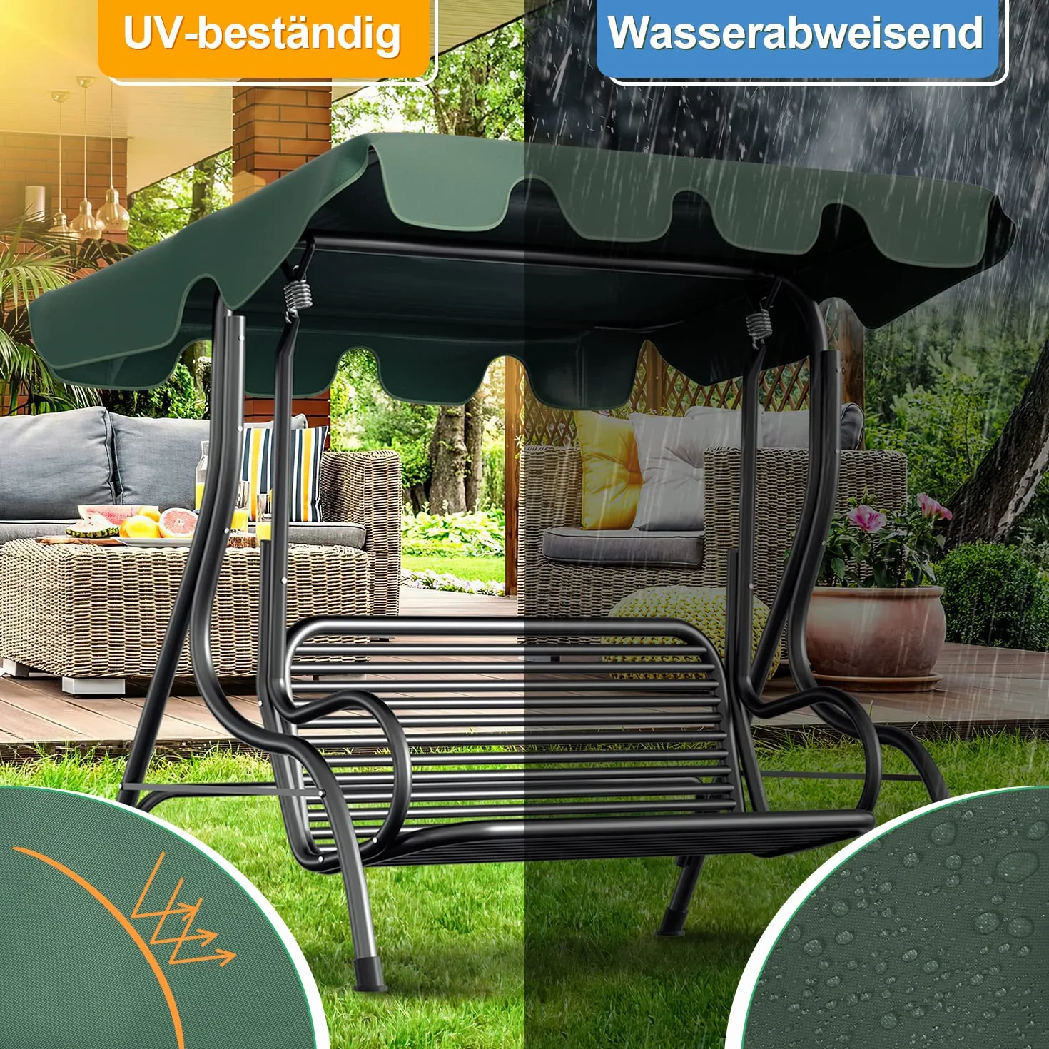 Herrselsam Housse de toit de rechange universelle pour balancelle 3 places 210 x 145 cm Vert Protection UV
