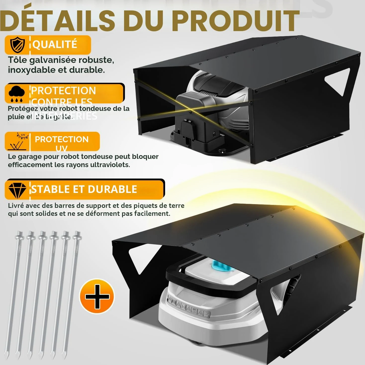 Gimisgu Toit de protection galvanisé pour robot tondeuse à gazon, avec gants et protection UV, idéal contre la pluie et la grêle, 78 x 60 x 34 cm, noir