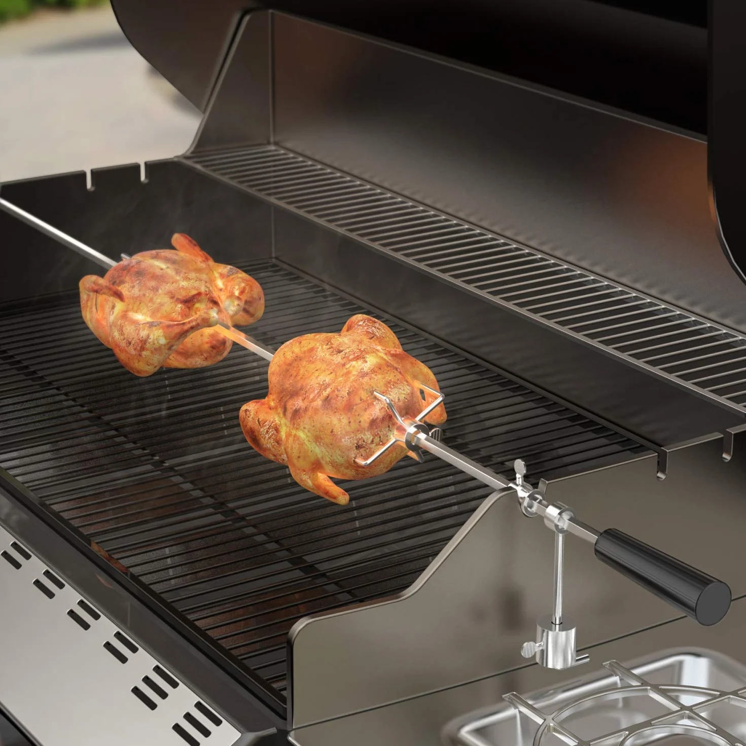 onlyfire Universelles Barbecue Rôtisserie Set 90 cm Carré 8x8mm Tournebroche + 2 x Brochettes Aiguilles et Moteur en Acier Inoxydable, Tourne Broche Electrique, 220 V - 240 V