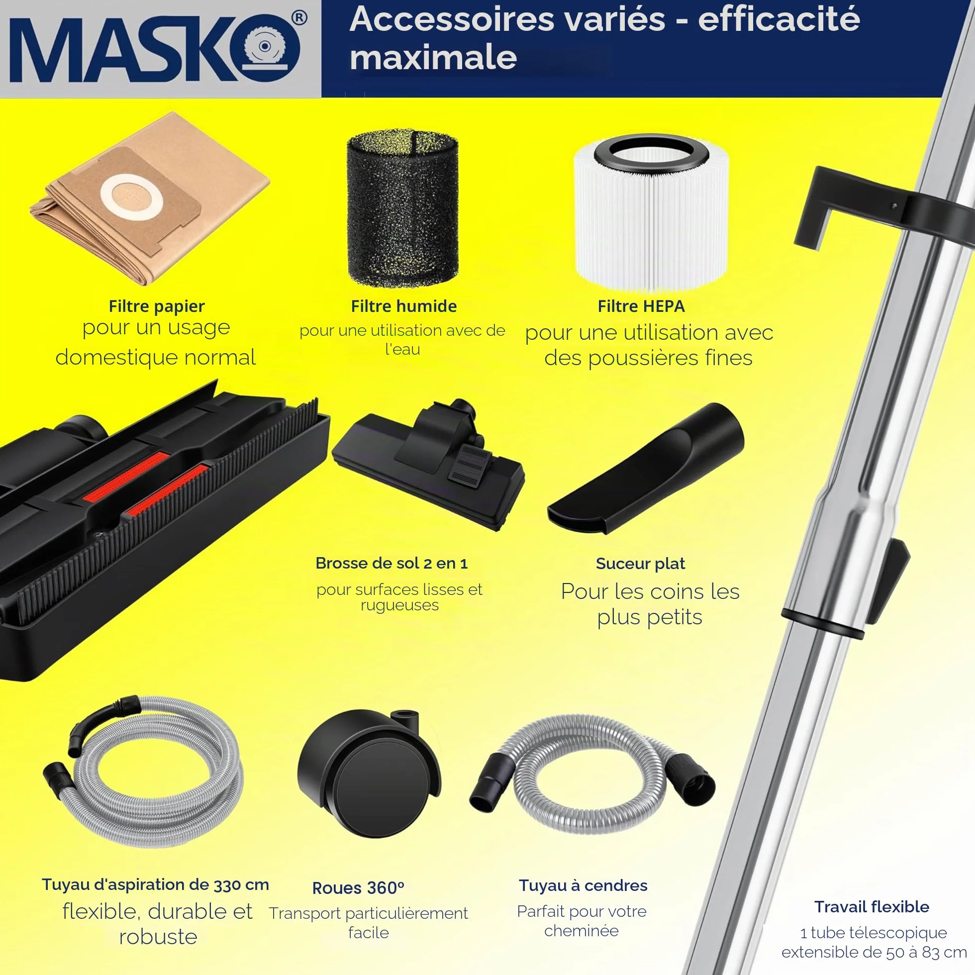 Masko Aspirateur Industriel 6IN1 2300 W Eau et Poussière Soufflage Sec Humide