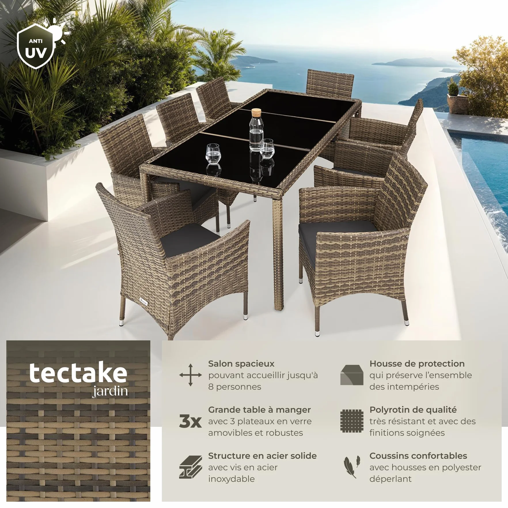 Tectake Salon de Jardin Poly Rotin Table 8 Fauteuils Chaises Housse Protection Marron Naturel Gris Foncé