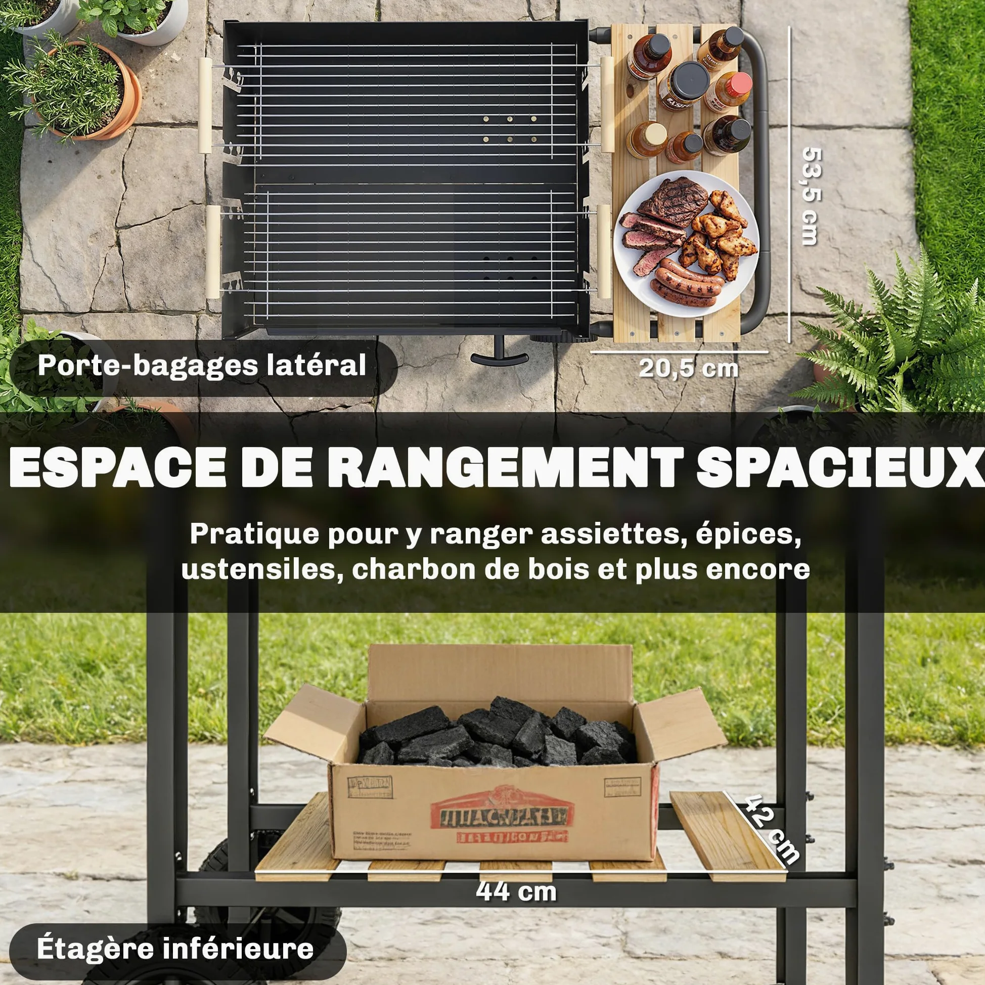 Outsunny Barbecue au Charbon de Bois avec 2 Grilles Réglableset 3 Accessoires, Chariot à Barbecue de Bois, Tablette Latérale, Récupérateur de Cendres et Roues, pour Jardin, Terrasse, Camping, Noir