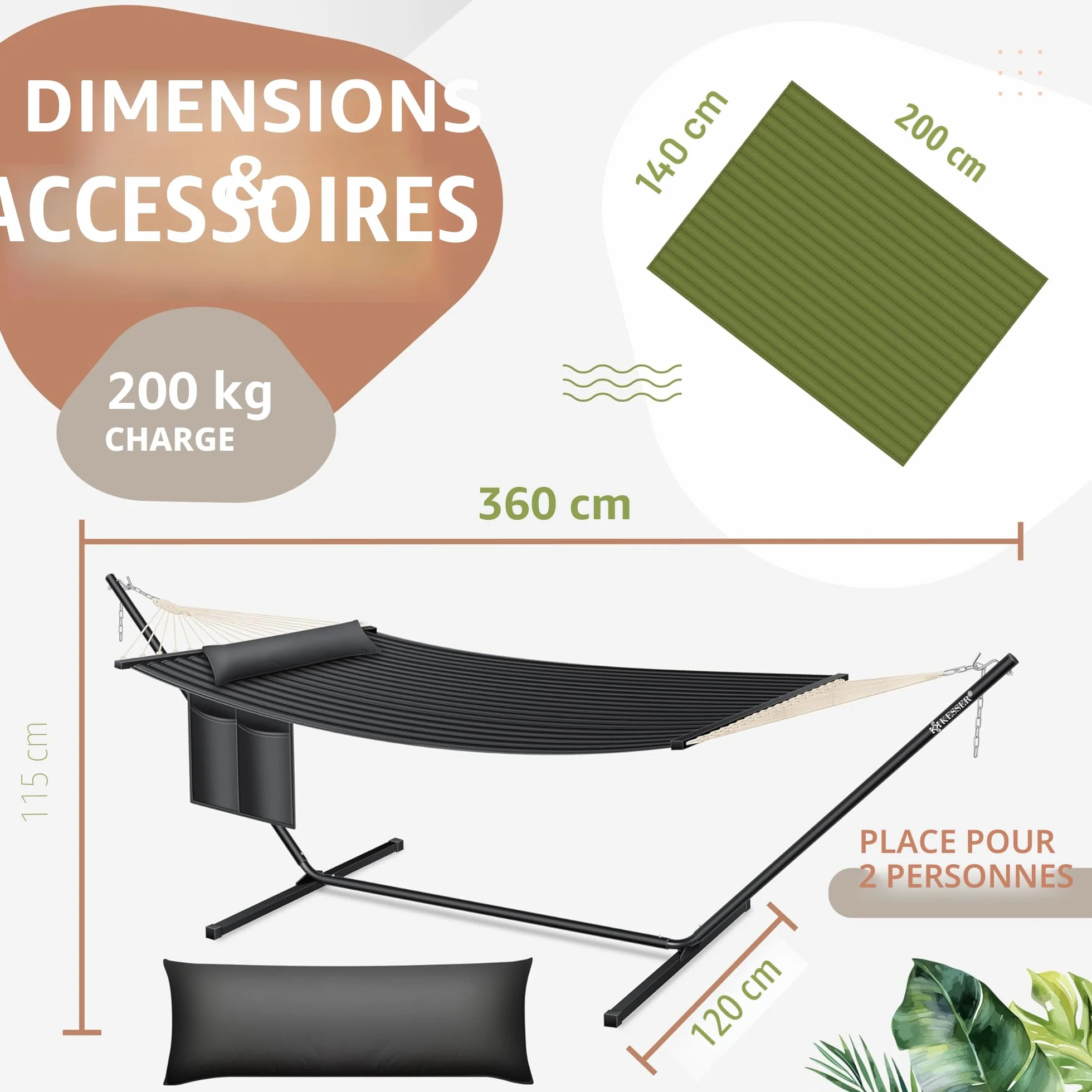 KESSER Hamac Double avec Support Coussin 200 kg Capacité Charge Intérieur Extérieur XXL Fauteuil Suspendu