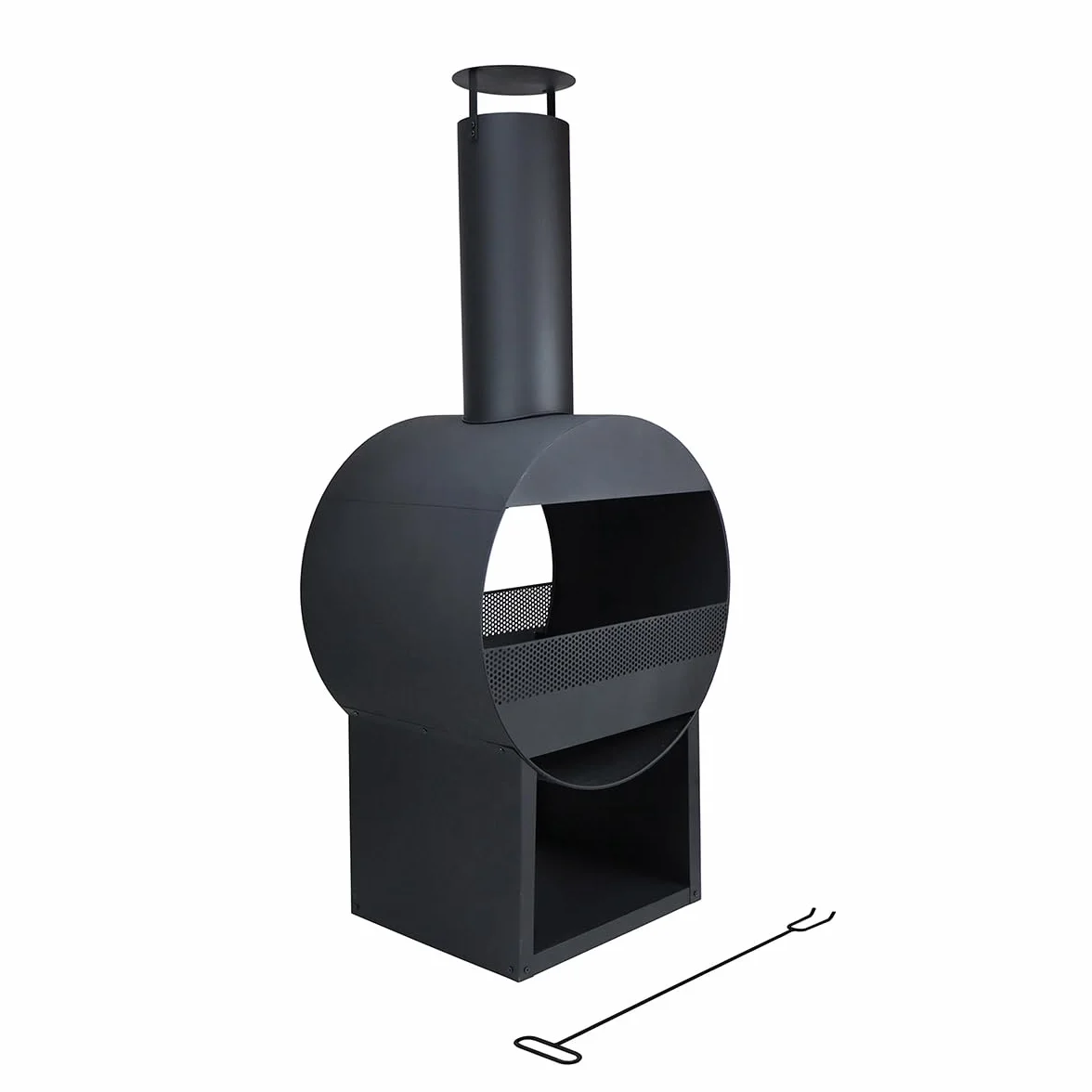 CHARLES BENTLEY Chauffage terrasse cheminée Moderne 129cm, Acier Noir, brûleur Bois/Charbon, tisonnier Inclus, Design Contemporain, Rangement bûches (129x55x40cm)
