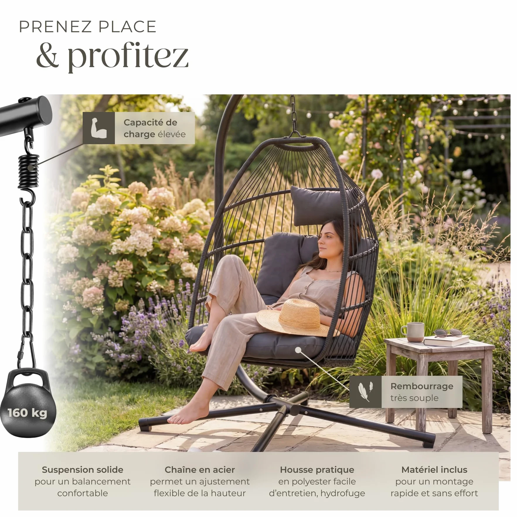 Tectake Fauteuil Oeuf Suspendu Chaise Hamac Balancoire Cocooning avec Structure en Acier et Coussin Épais