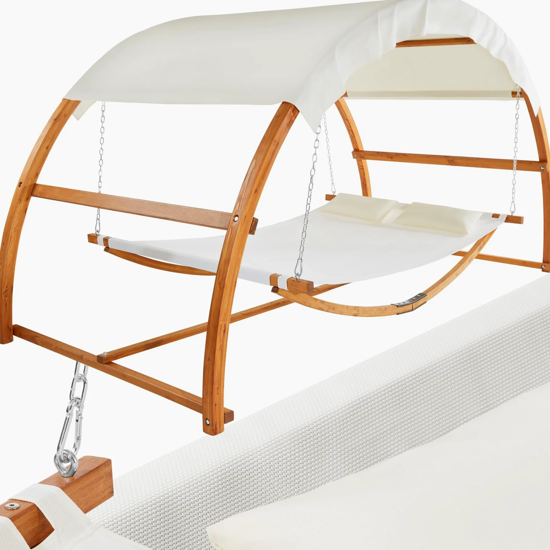 tectake® Hamac sur Pied XXL Hamac 2 Places Coton avec Toit & Support en Bois 328 x 160 x 171,5 cm, Supporte jusqu'à 250 kg, Couchage 202 x 138 cm, Coussins Inclus pour Terrasse Exterieur Piscine