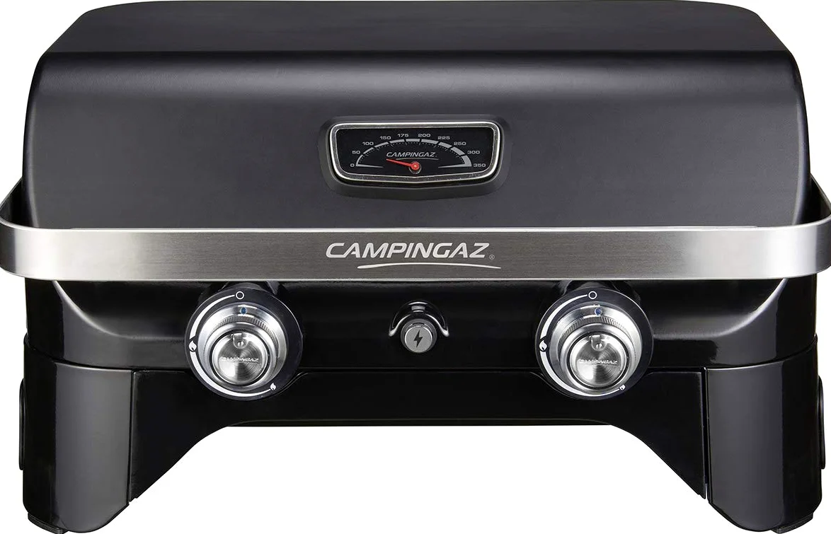 Campingaz Attitude 2100 LX Barbecue gaz de table, transportable, 2 brûleurs acier, puissance 5kW, barbecue gaz de camping avec grille maintien au chaud, thermomètre, grille de cuisson fonte et plancha