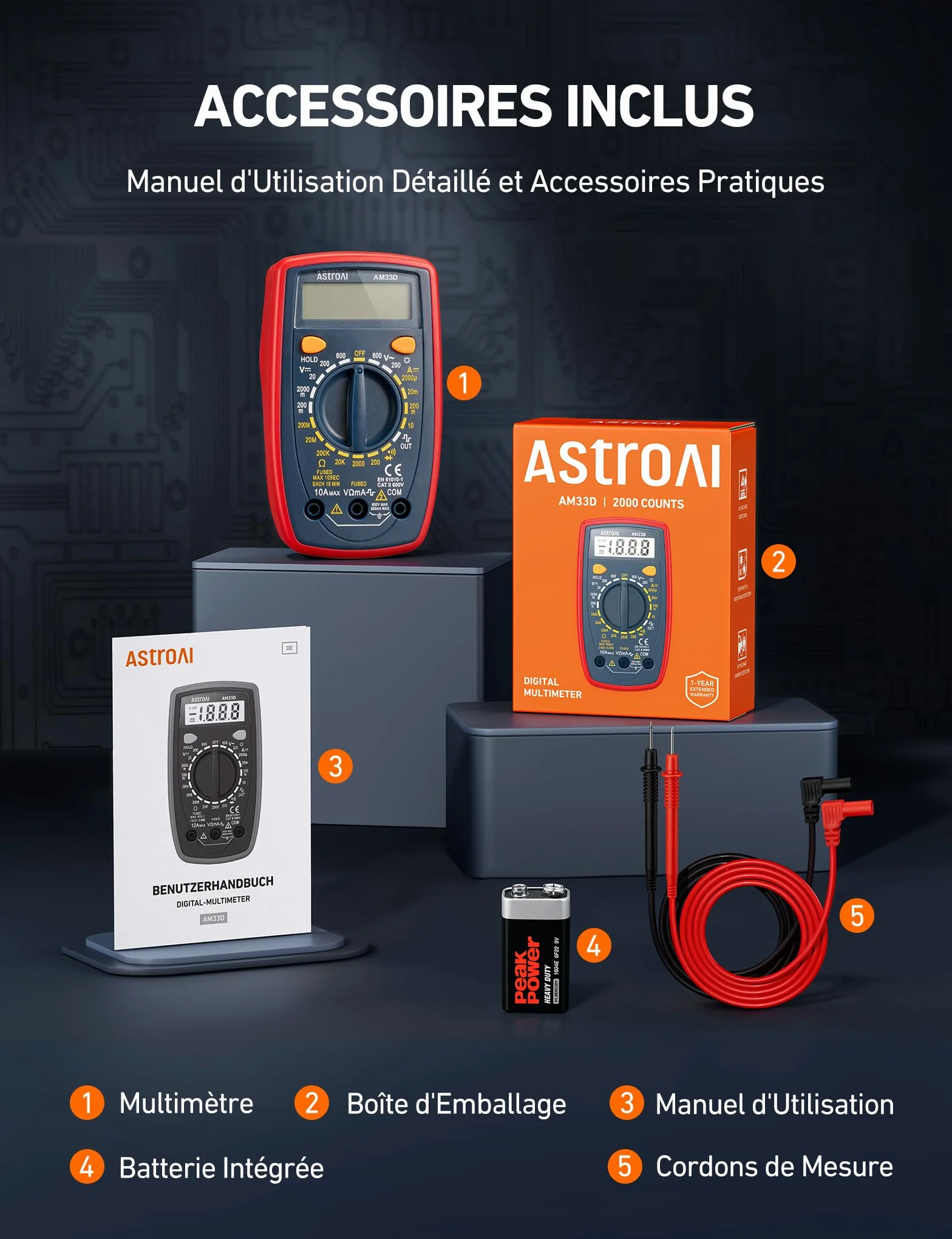 AstroAI Multimètre Numérique Portable 2000, Testeur Électrique Multifonctions AC/DC, Voltmètre Ampèremètre Ohmmètre