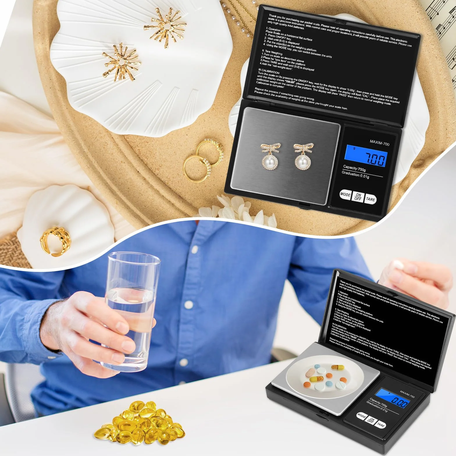 Balance de Précision Oderra 700g/0.01g, Balance à Bijoux Portable avec Écran LCD Rétroéclairé