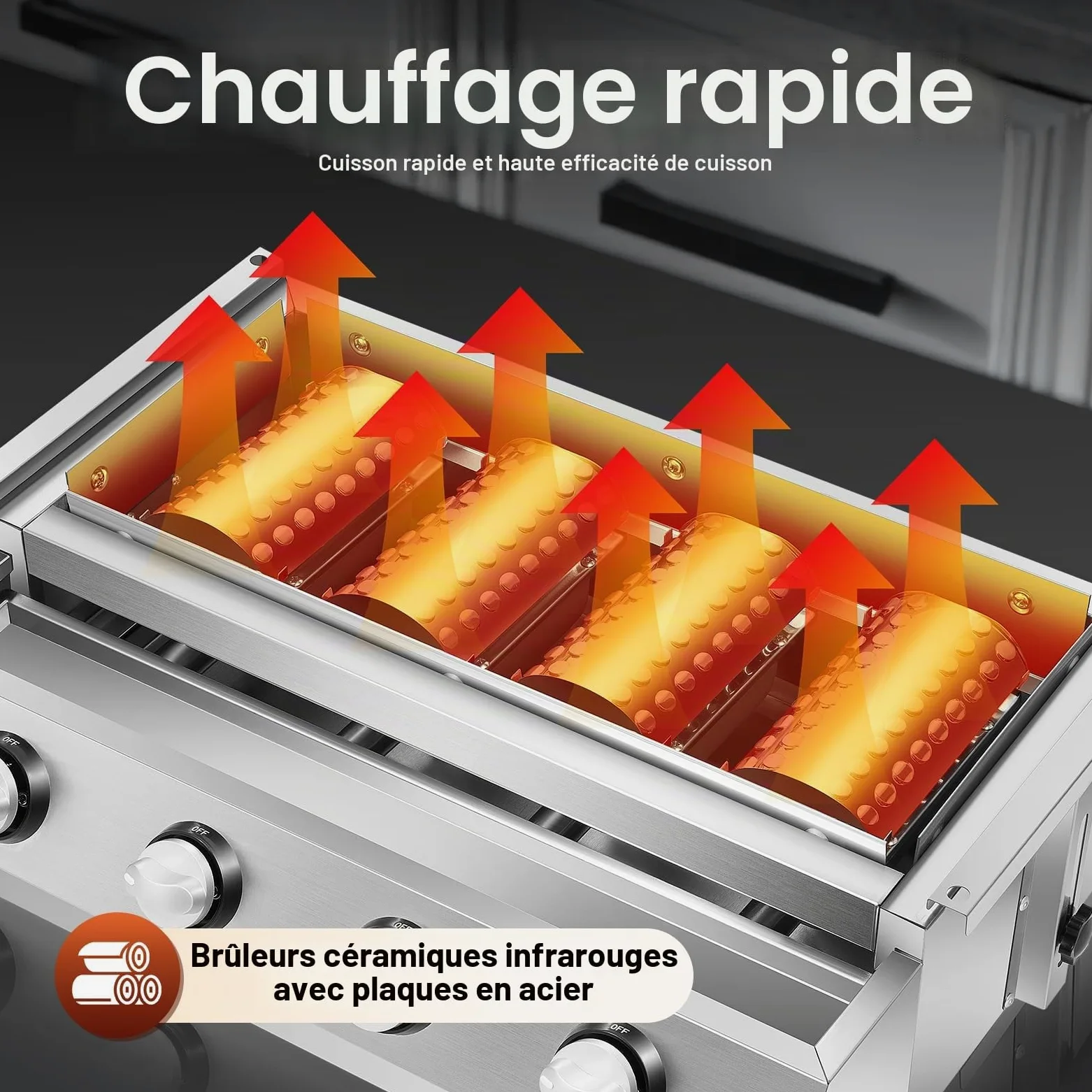 Barbecue à gaz en acier inoxydable - 4 brûleurs - Barbecue de table - Barbecue à gaz GPL - Barbecue amovible - Pour camping, balcon, jardin - Argenté