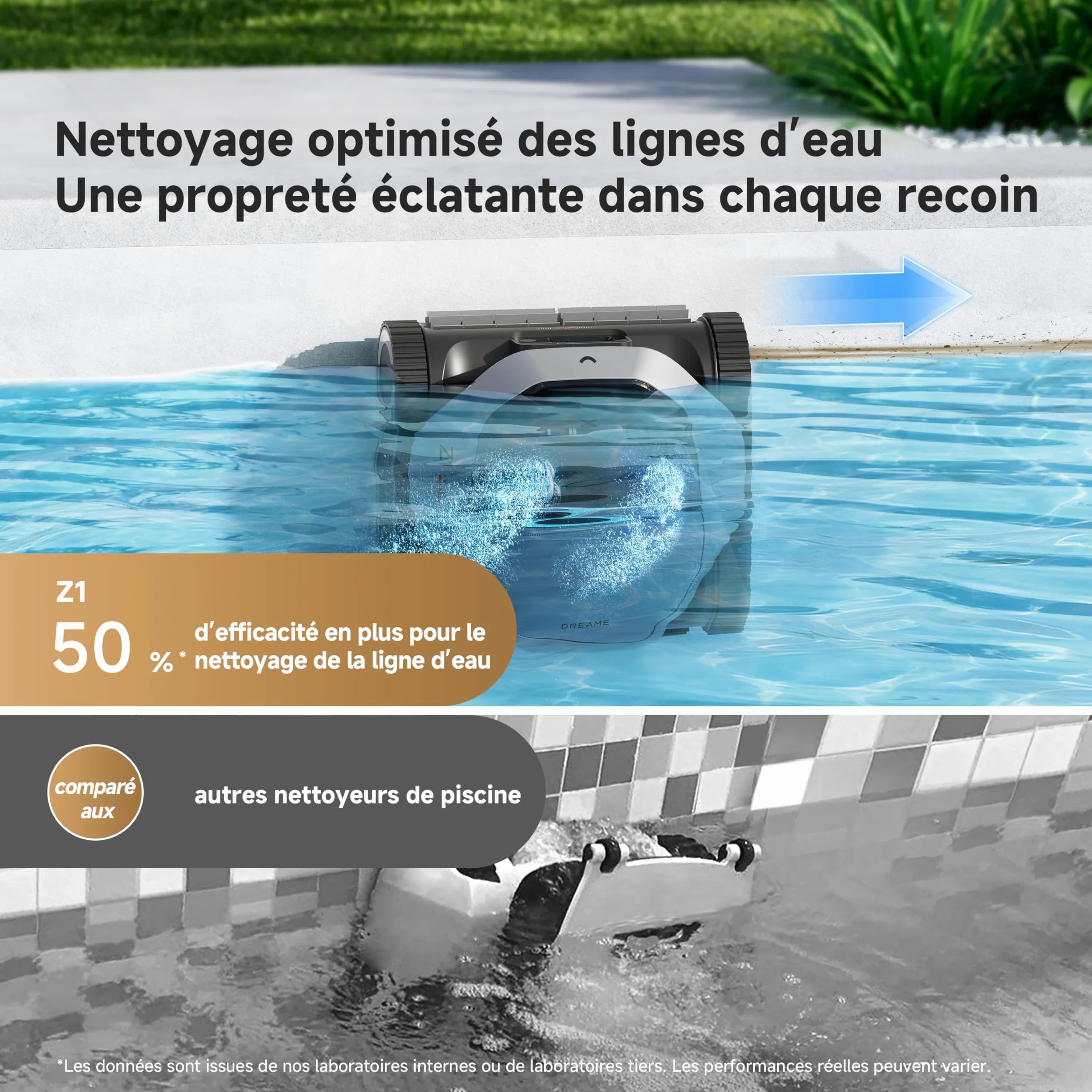 DREAME Z1 Robot Piscine sans Fil, Puissance d'Aspiration 30 000 LPH, Nettoyage du Fond, Parois et Ligne d'eau, 240 Min, Jusqu'à 180 m²