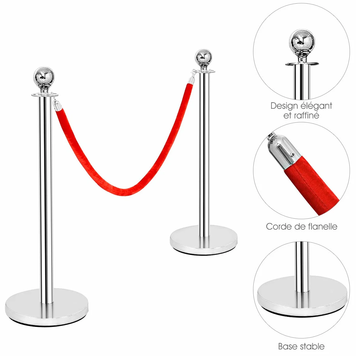 GOPLUS Poteaux de Guidage en Acier Inoxydable 32cm, Barrière de Passage avec Corde Rouge