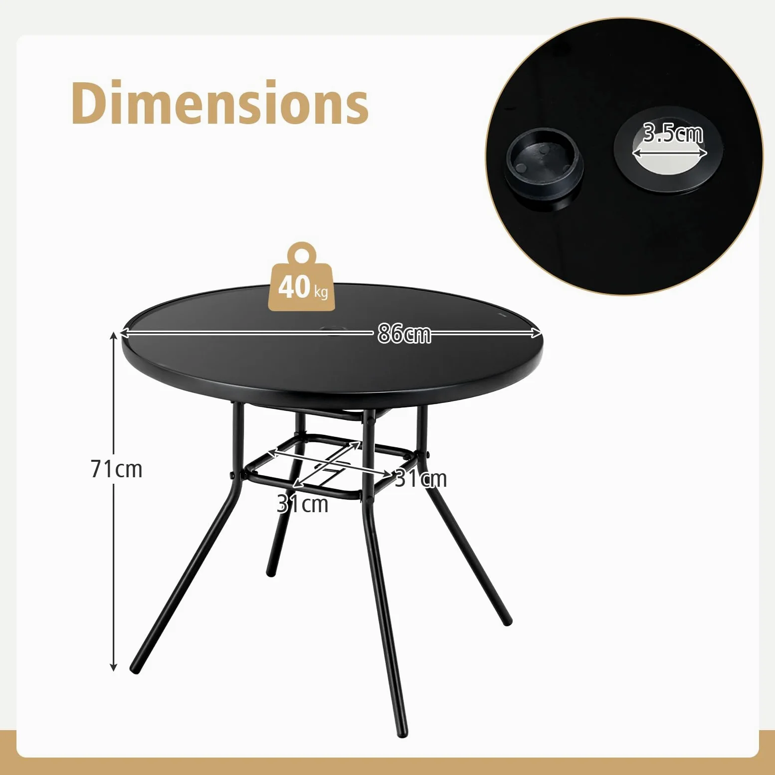GIANTEX Table Bistrot 86 cm, Table à Manger de Jardin avec Trou pour Parasol de 3,5 cm, Plateau en Verre Sérigraphié, Cadre en Métal, Table d'Appoint Ronde, pour Jardin, Terrasse, Noir