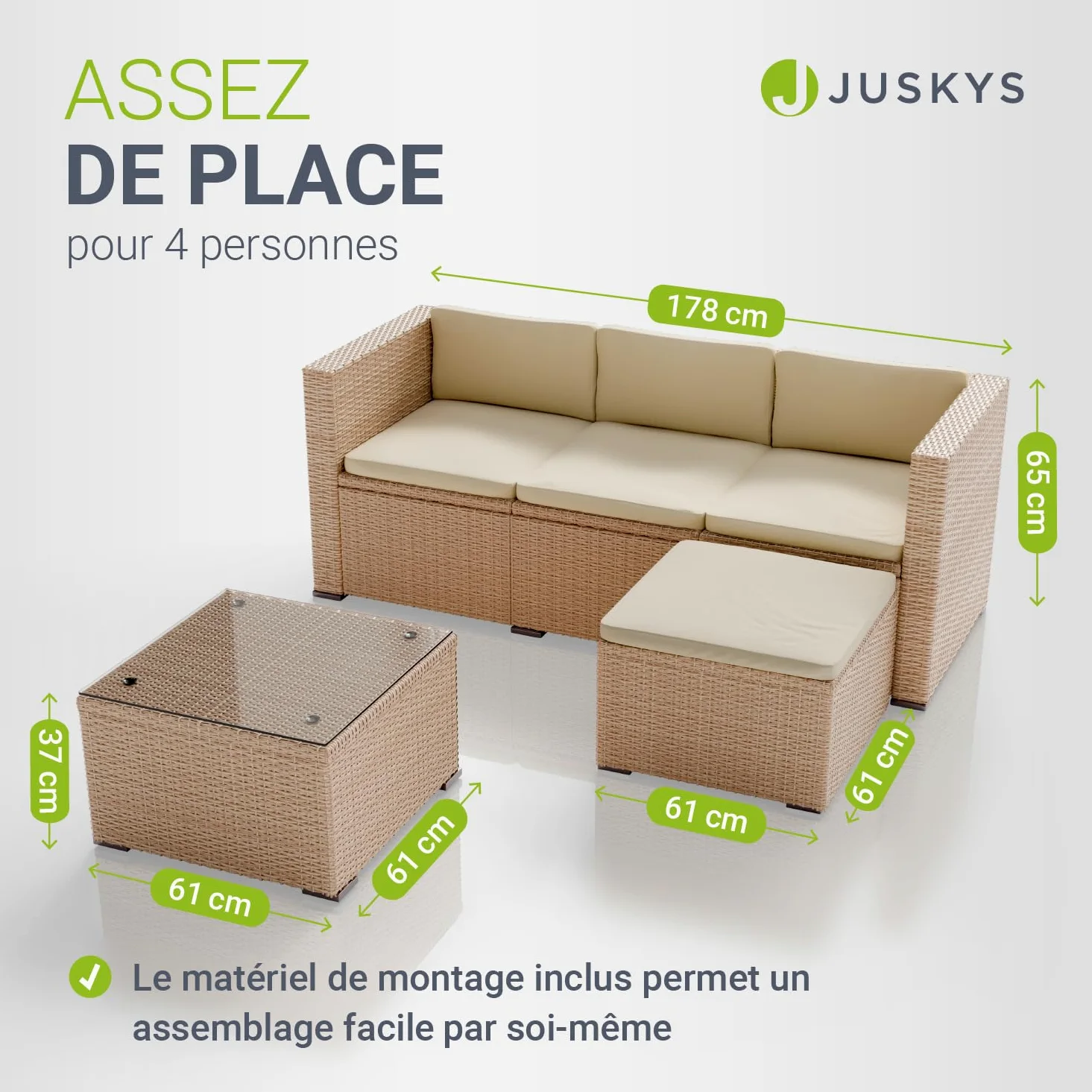 Juskys Salon de Jardin en polyrotin Lounge Punta Cana M, résistant aux intempéries - avec canapé, Tabouret, Table & Coussins - 3-4 Personnes - Crème/Sable