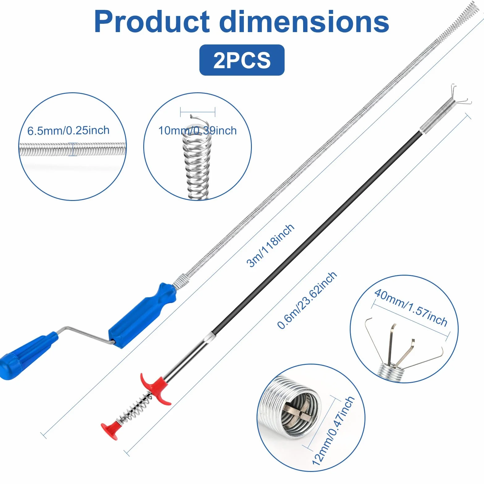 Furet Déboucheur Canalisation Professionnel Lot de 2 3m 0,6m Pour WC Evier