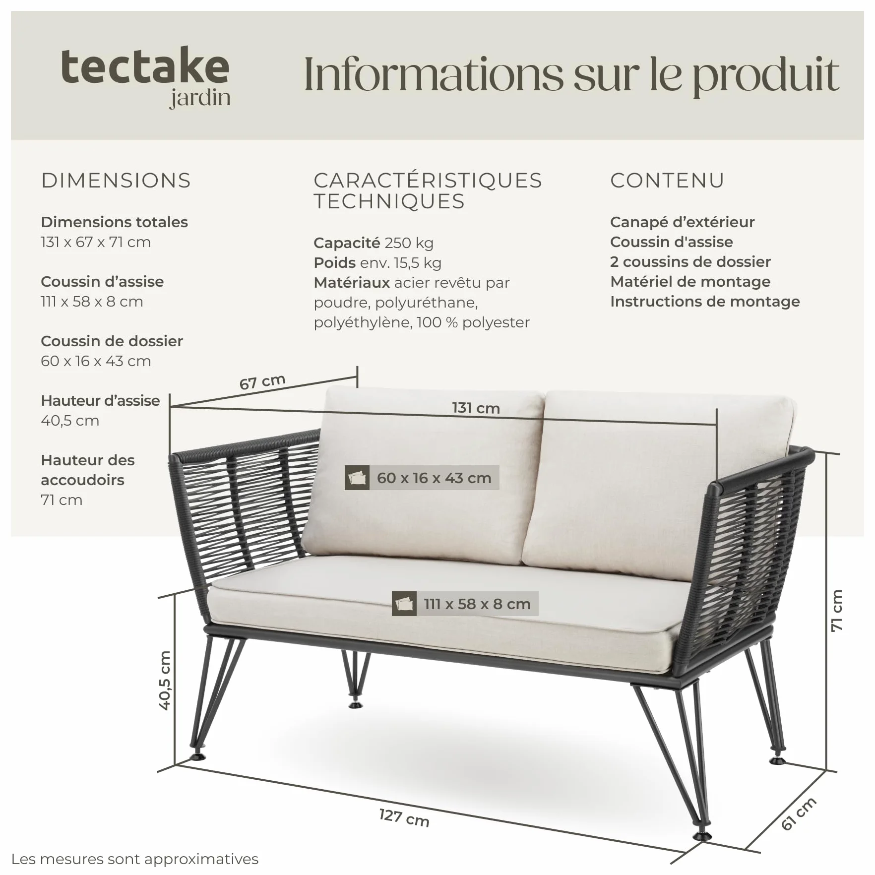 tectake® Canapé 2 Places Salon de Jardin Exterieur en Résine tréssée Salon Exterieur, Banquette de Jardin Coussins Inclus, Amenagement Balcon Terrasse Veranda Patio Maison